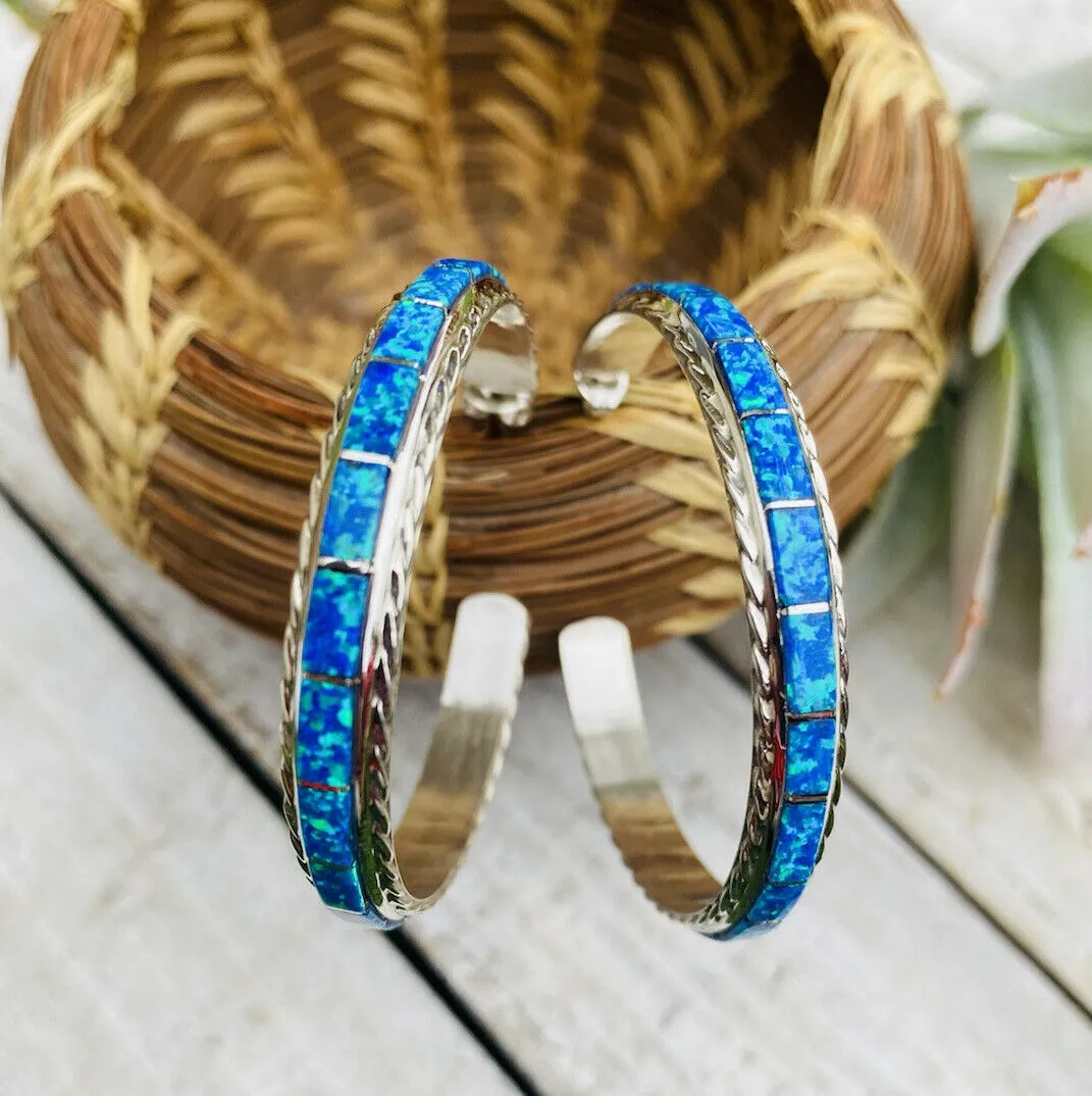 Navajo Sterling Silver & Opal Inlay Hoop Earrings Signed