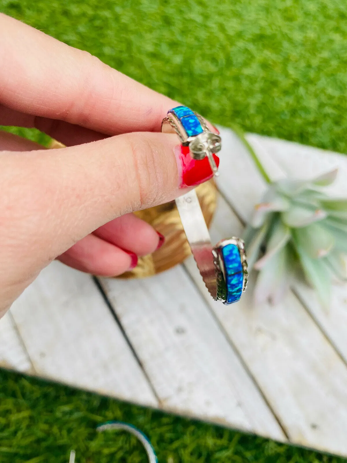 Navajo Sterling Silver & Opal Inlay Hoop Earrings Signed