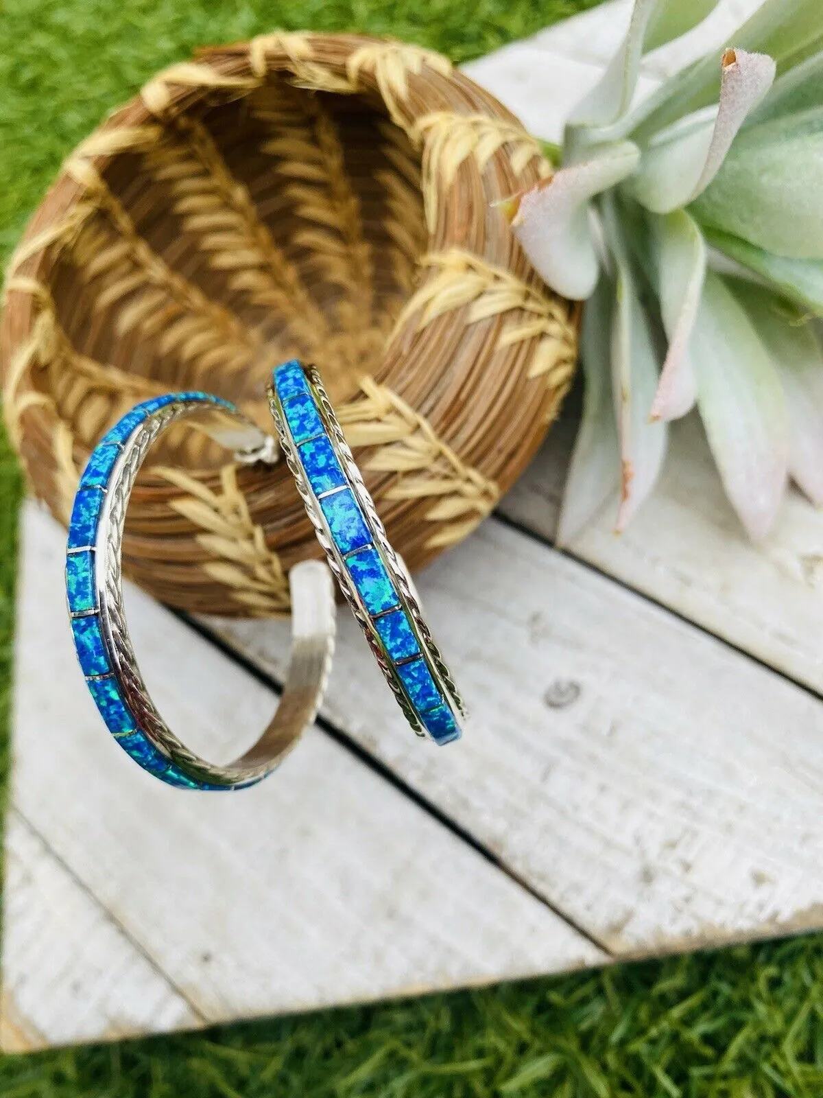 Navajo Sterling Silver & Opal Inlay Hoop Earrings Signed