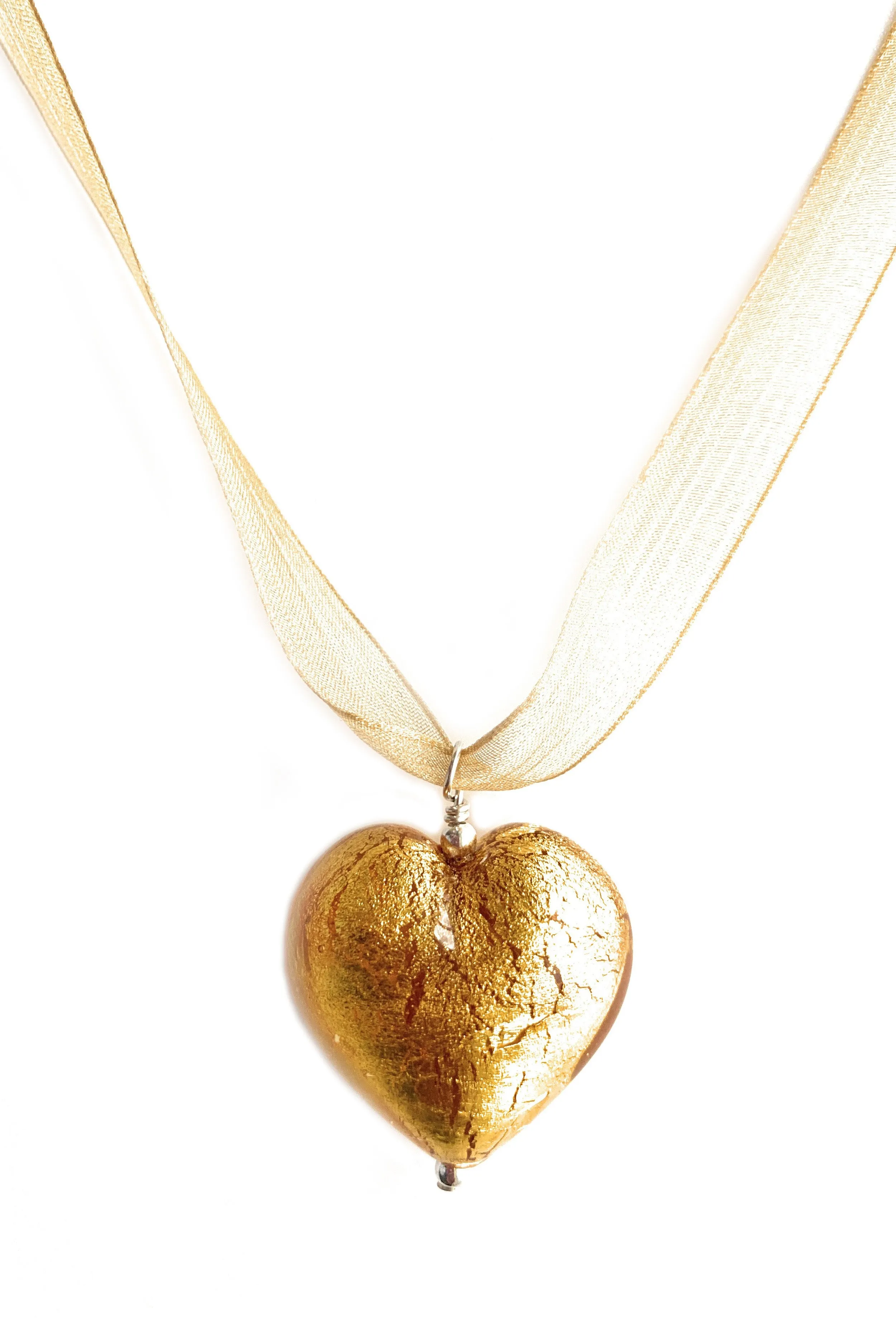 Necklace with gold topaz (amber, brown) Murano glass large heart pendant on ribbon