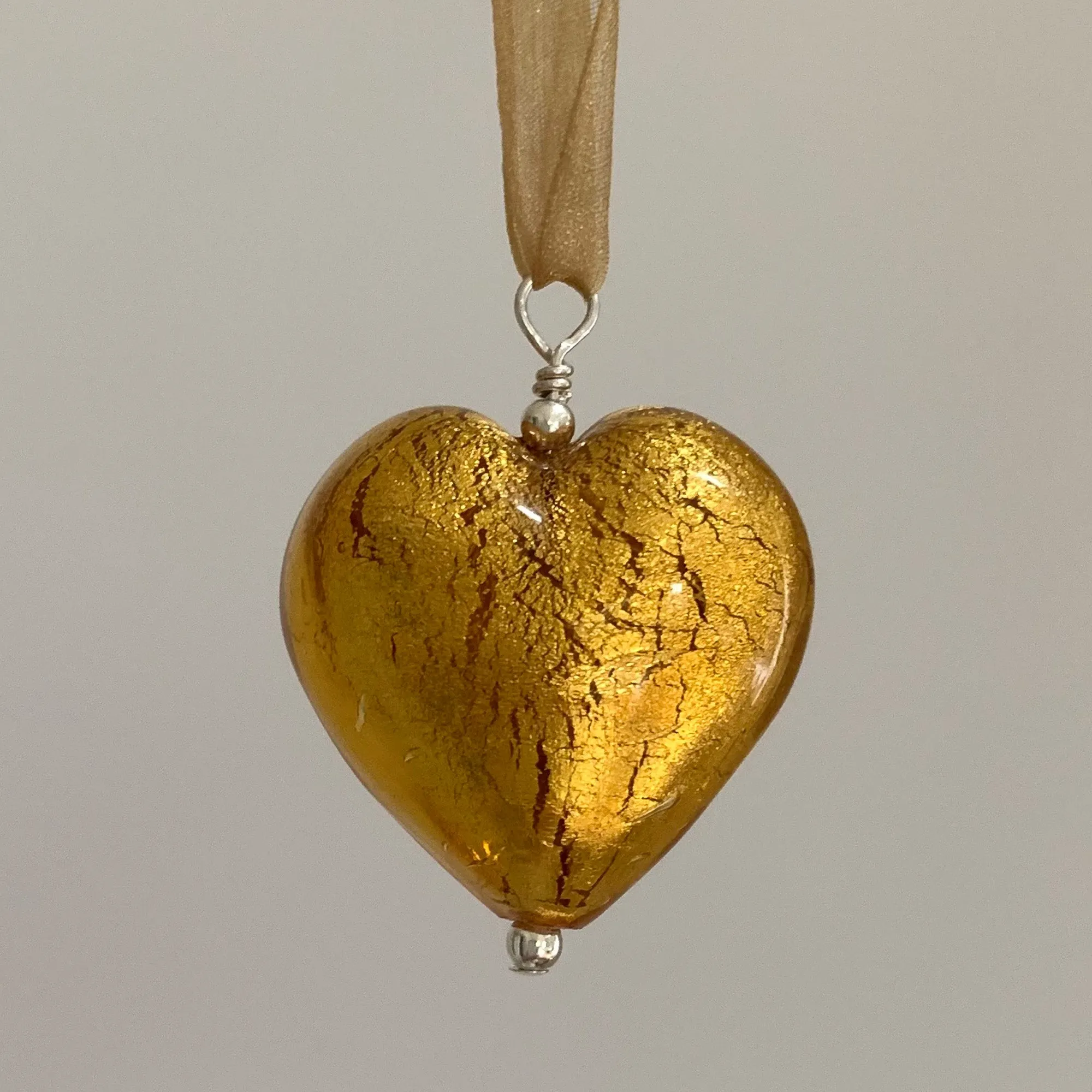 Necklace with gold topaz (amber, brown) Murano glass large heart pendant on ribbon