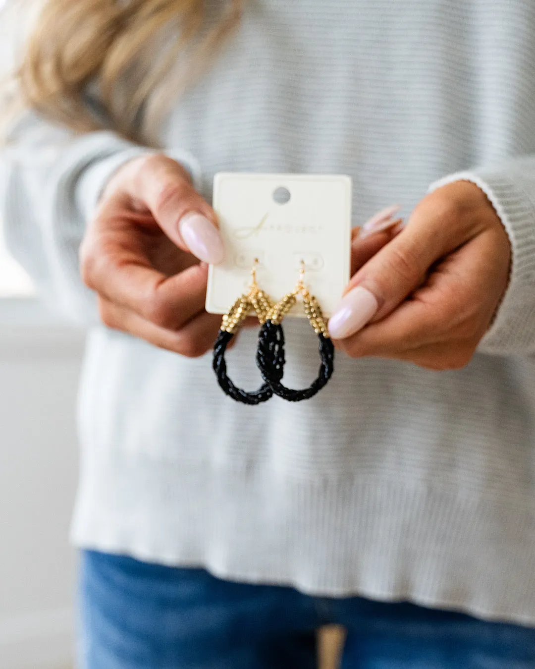 NEW! Twisted Beaded Teardrop Earrings - Black