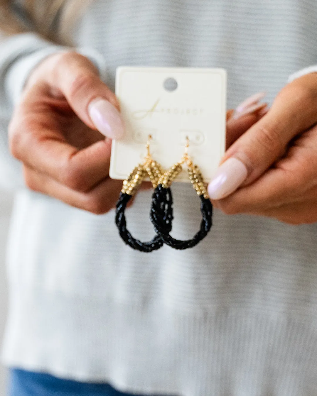 NEW! Twisted Beaded Teardrop Earrings - Black