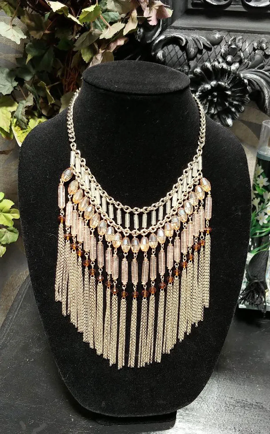 *NEW WITH TAG - RETIRED CHICO'S $88 SPARKLING GLASS FACETED AMBER BEADS & CHAINS BIB NECKLACE