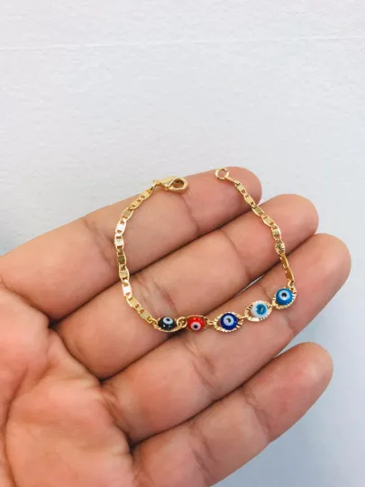 Newborn Baby/Childrens Boys/Girls Gold Filled Evil Eye Baby Bracelet Luck Valentino Link / Pulsera Mal de Ojo Pra Ninos Mujeres Hombres Oro Laminado