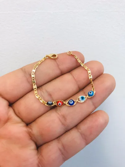 Newborn Baby/Childrens Boys/Girls Gold Filled Evil Eye Baby Bracelet Luck Valentino Link / Pulsera Mal de Ojo Pra Ninos Mujeres Hombres Oro Laminado