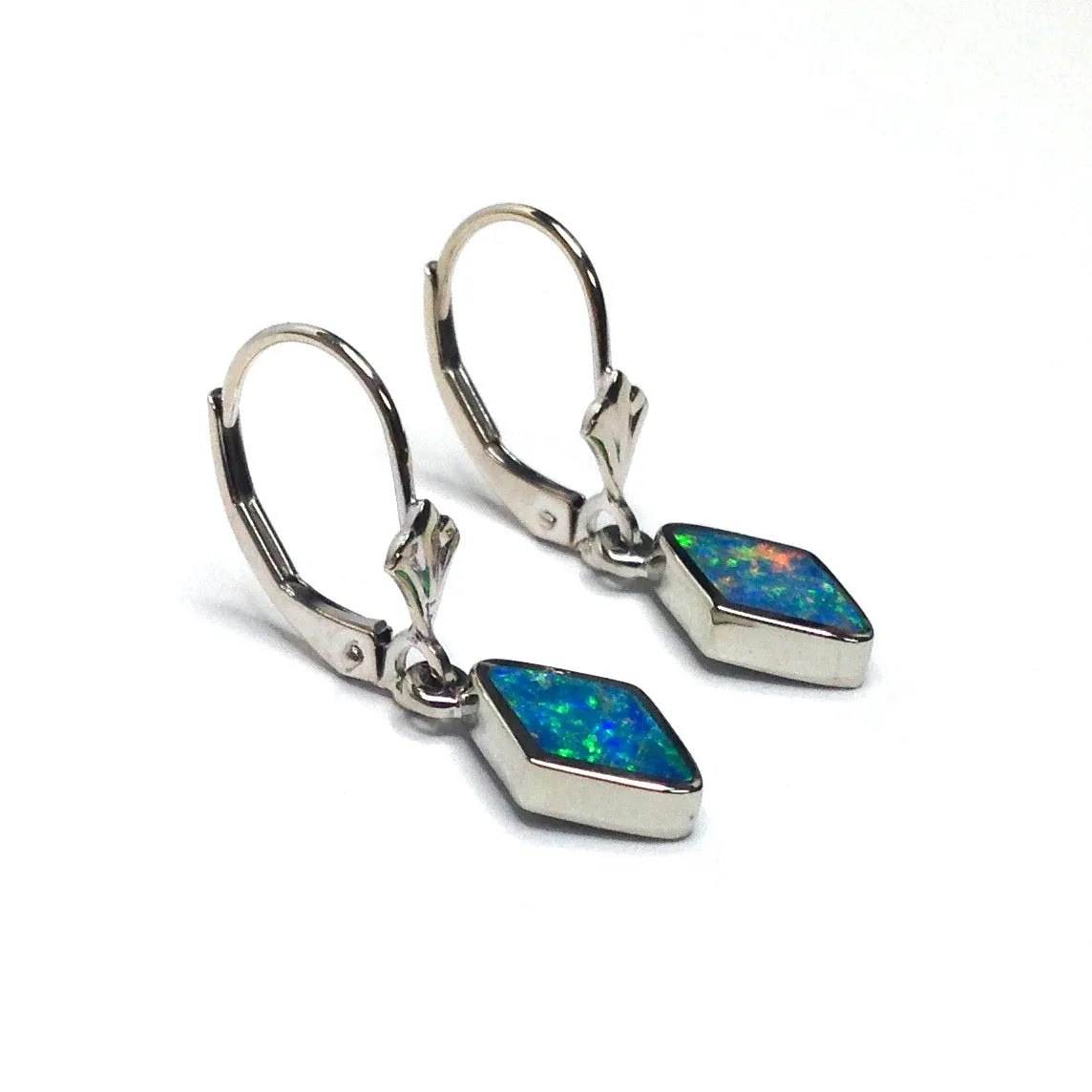 Opal Earrings Diamond Shape Inlaid Lever Backs