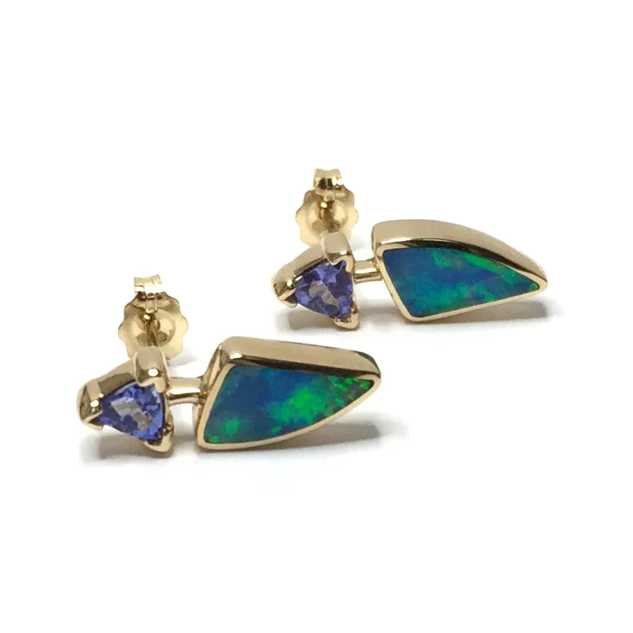 Opal Earrings Triangle Inlaid Design with Trillion Cut Tanzanite Studs