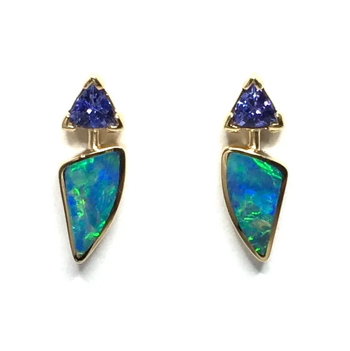 Opal Earrings Triangle Inlaid Design with Trillion Cut Tanzanite Studs