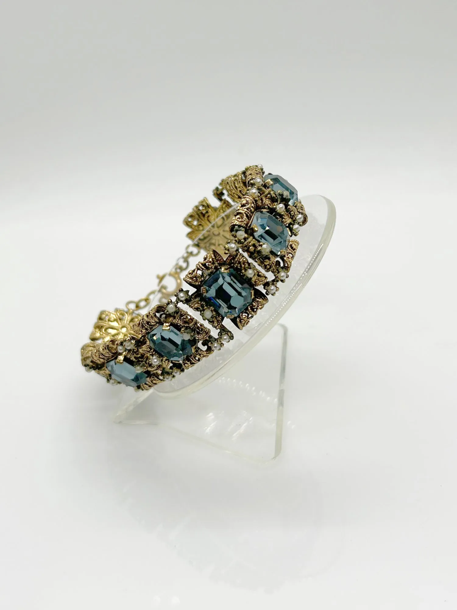 Opulent Vintage Blue Rhinestone Bracelet with Amazing Metalwork