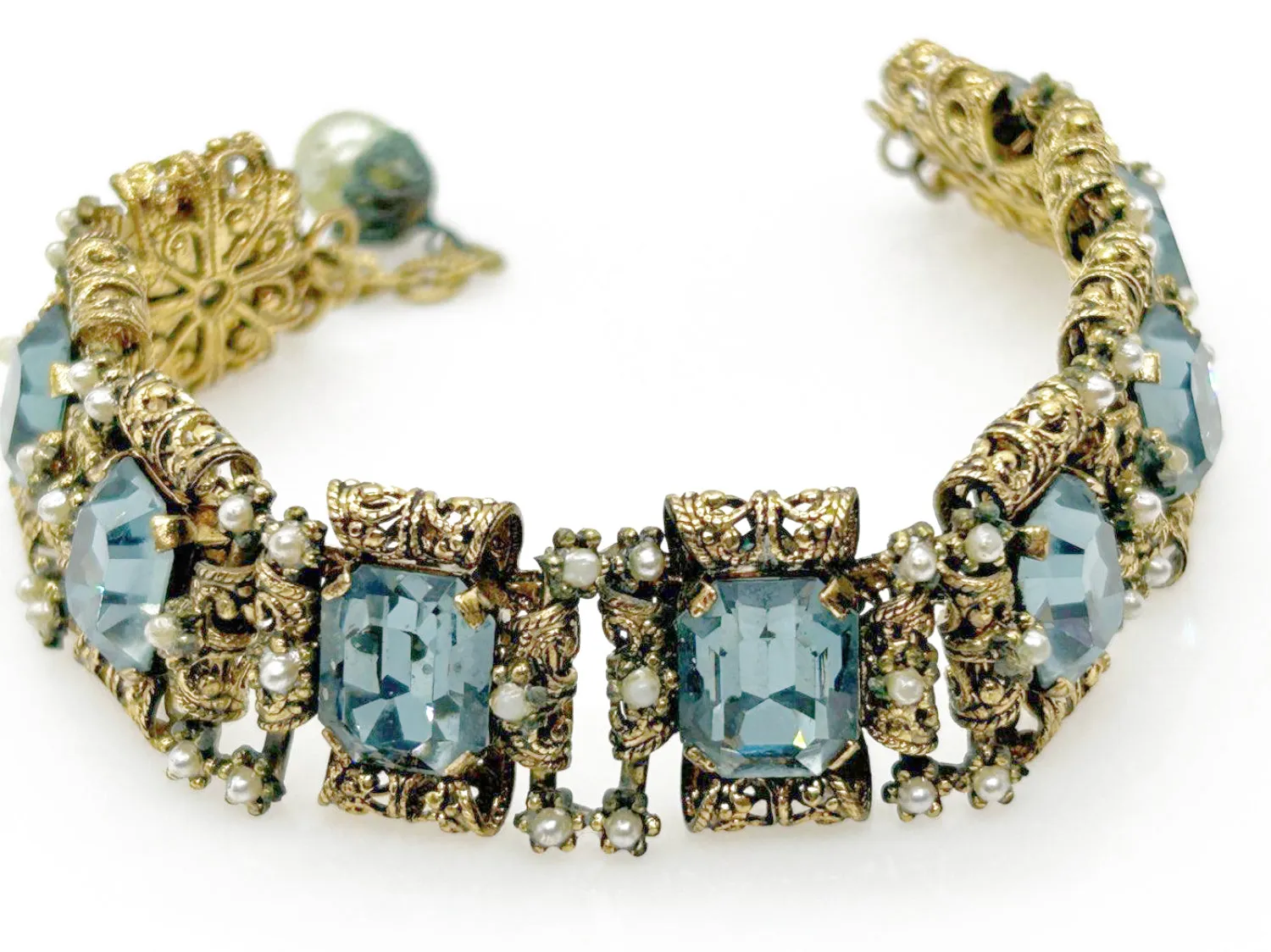 Opulent Vintage Blue Rhinestone Bracelet with Amazing Metalwork