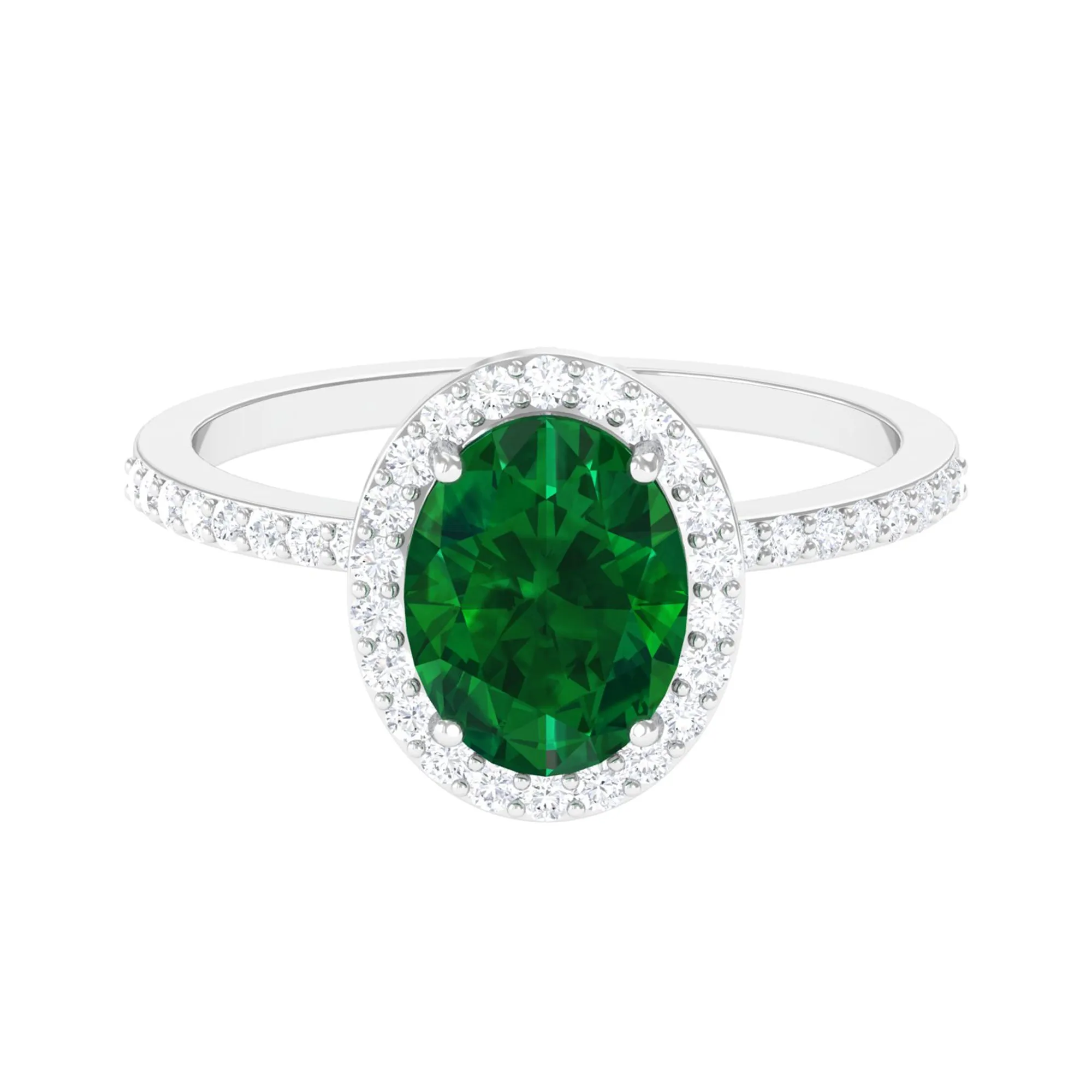 Oval Cut Created Emerald and Diamond Halo Engagement Ring