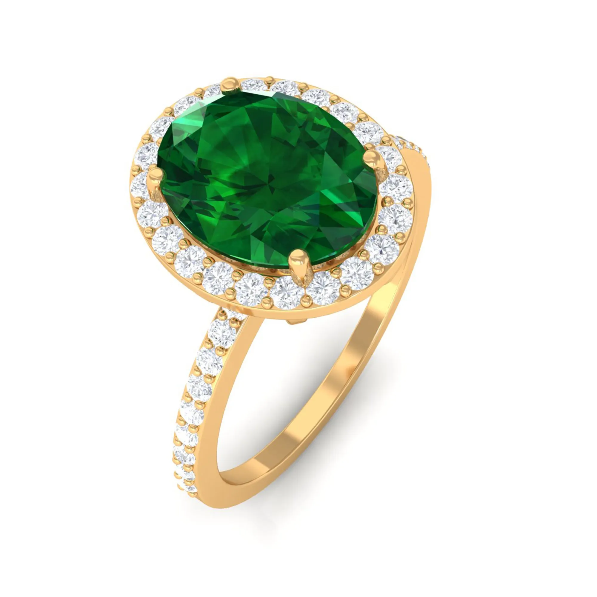 Oval Cut Created Emerald and Diamond Halo Engagement Ring