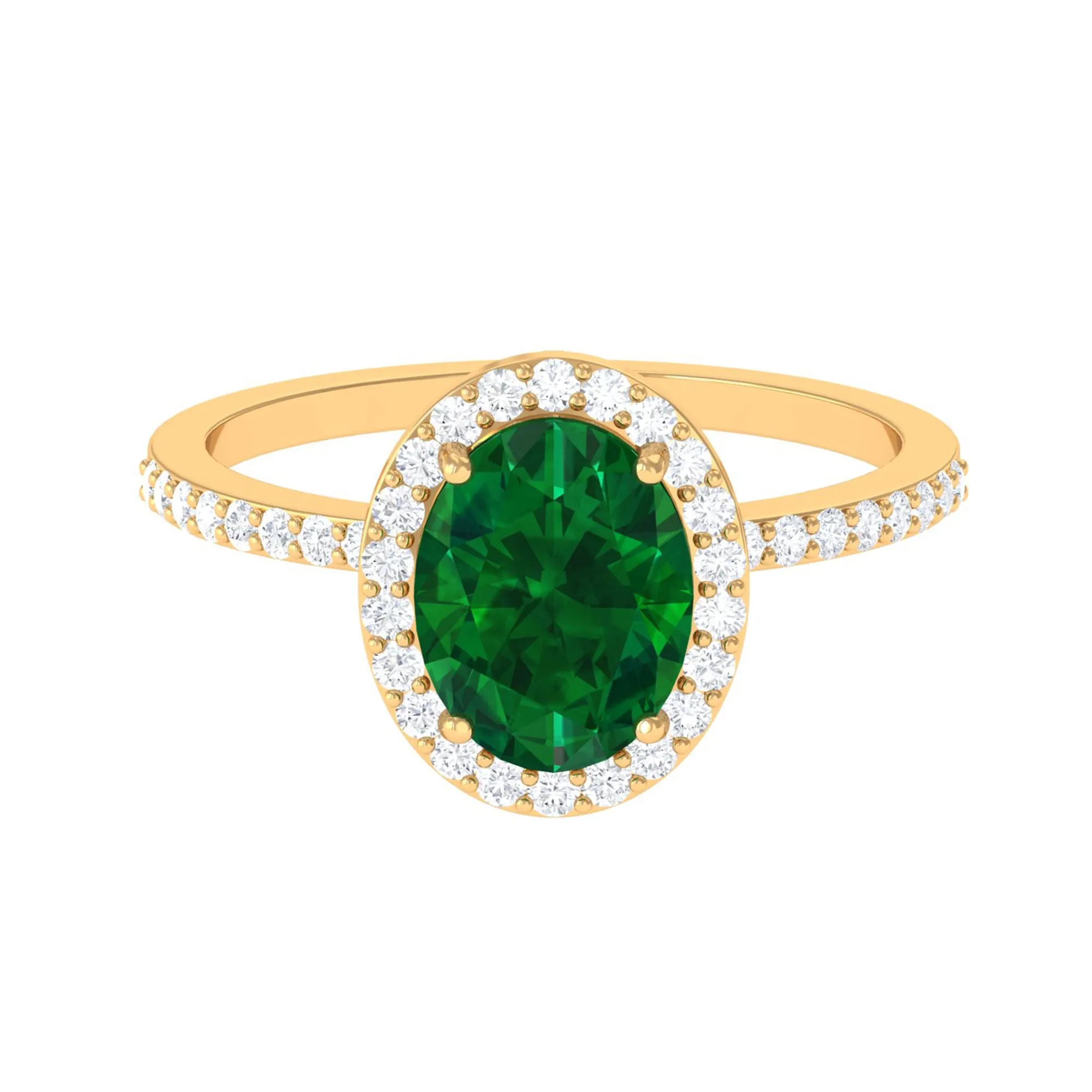 Oval Cut Created Emerald and Diamond Halo Engagement Ring