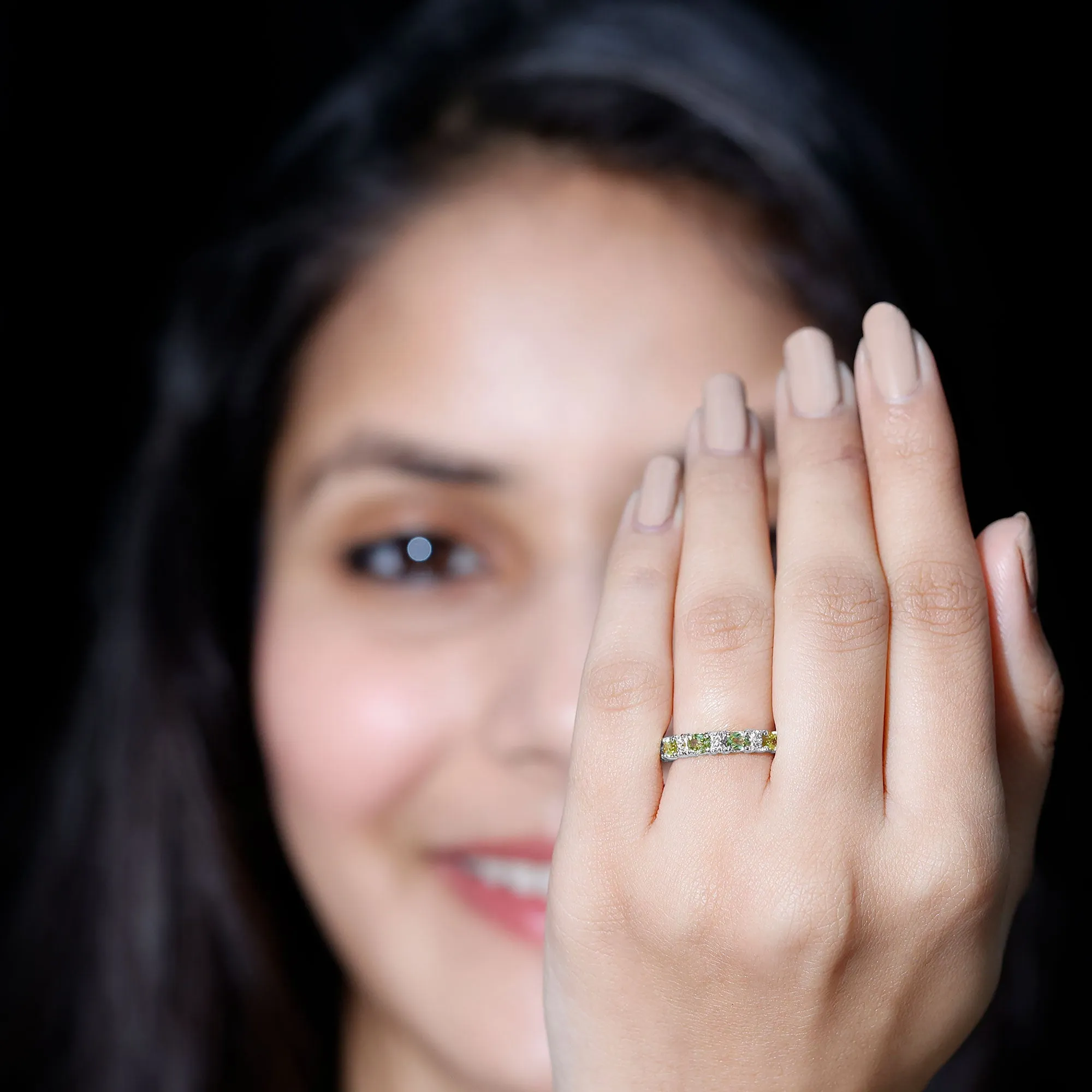 Oval Cut Peridot and Diamond Half Eternity Ring