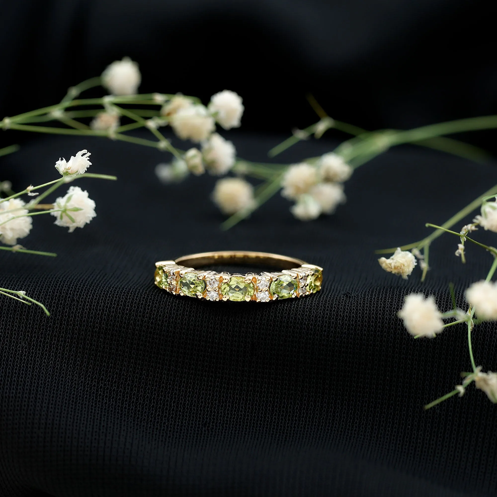 Oval Cut Peridot and Diamond Half Eternity Ring