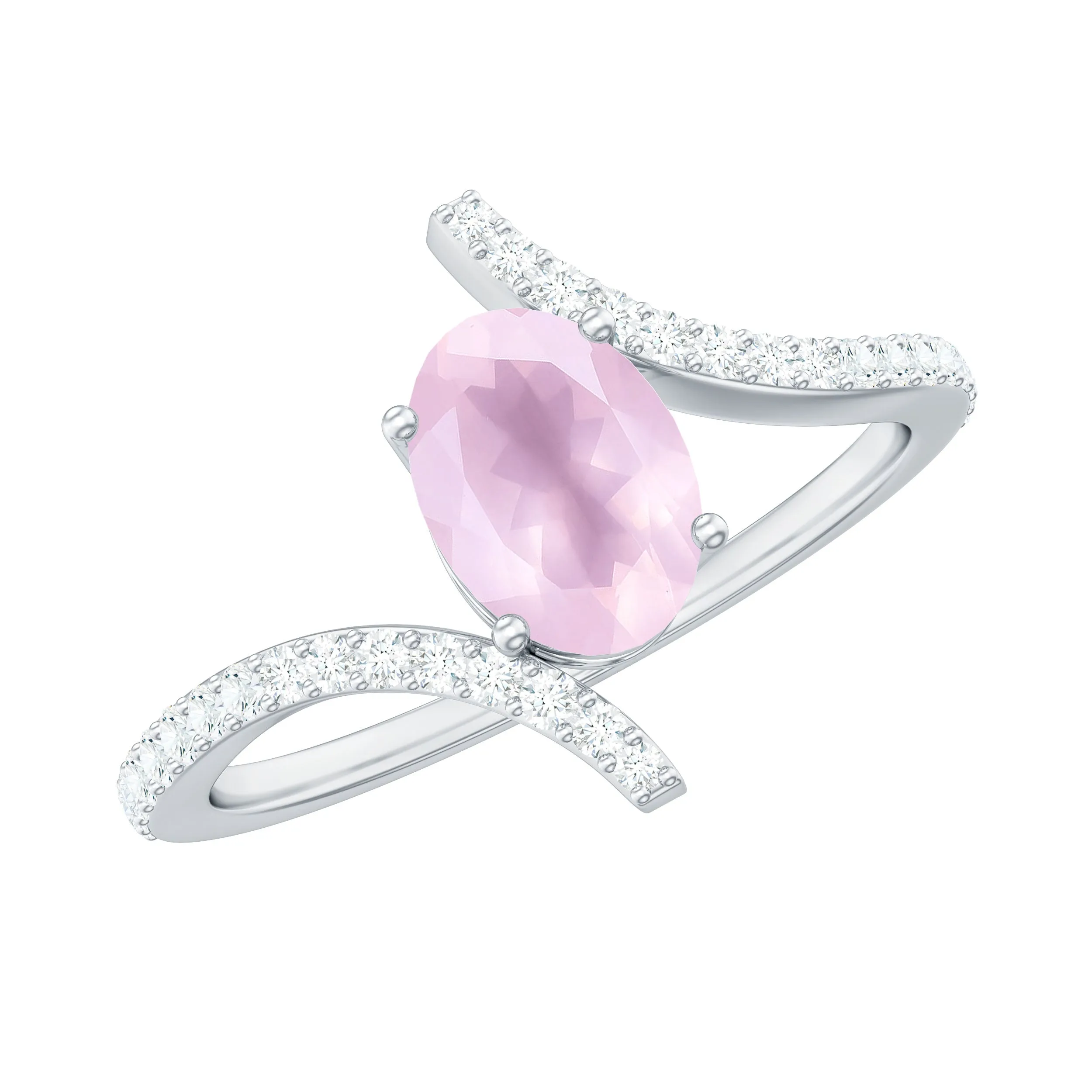 Oval Rose Quartz Solitaire Bypass Engagement Ring with Diamond