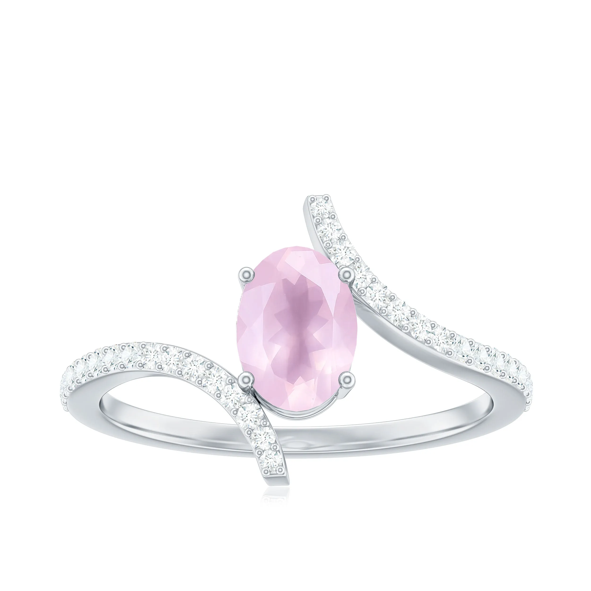 Oval Rose Quartz Solitaire Bypass Engagement Ring with Diamond