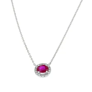 Oval Ruby and Diamond Halo Pendant Necklace