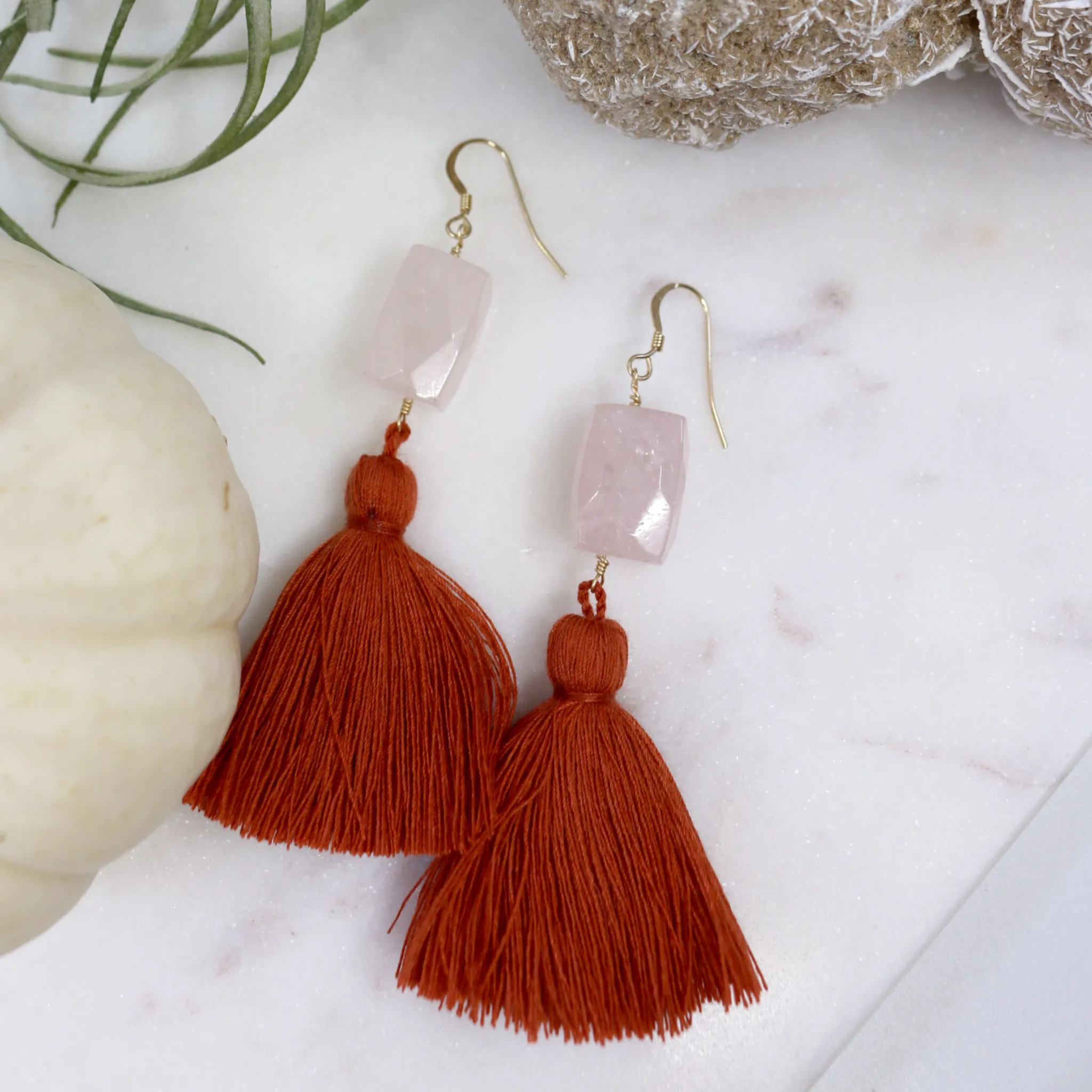 Overcome // Rose Quartz Chunk Tassel Earrings, Statement Earrings // BH-E024