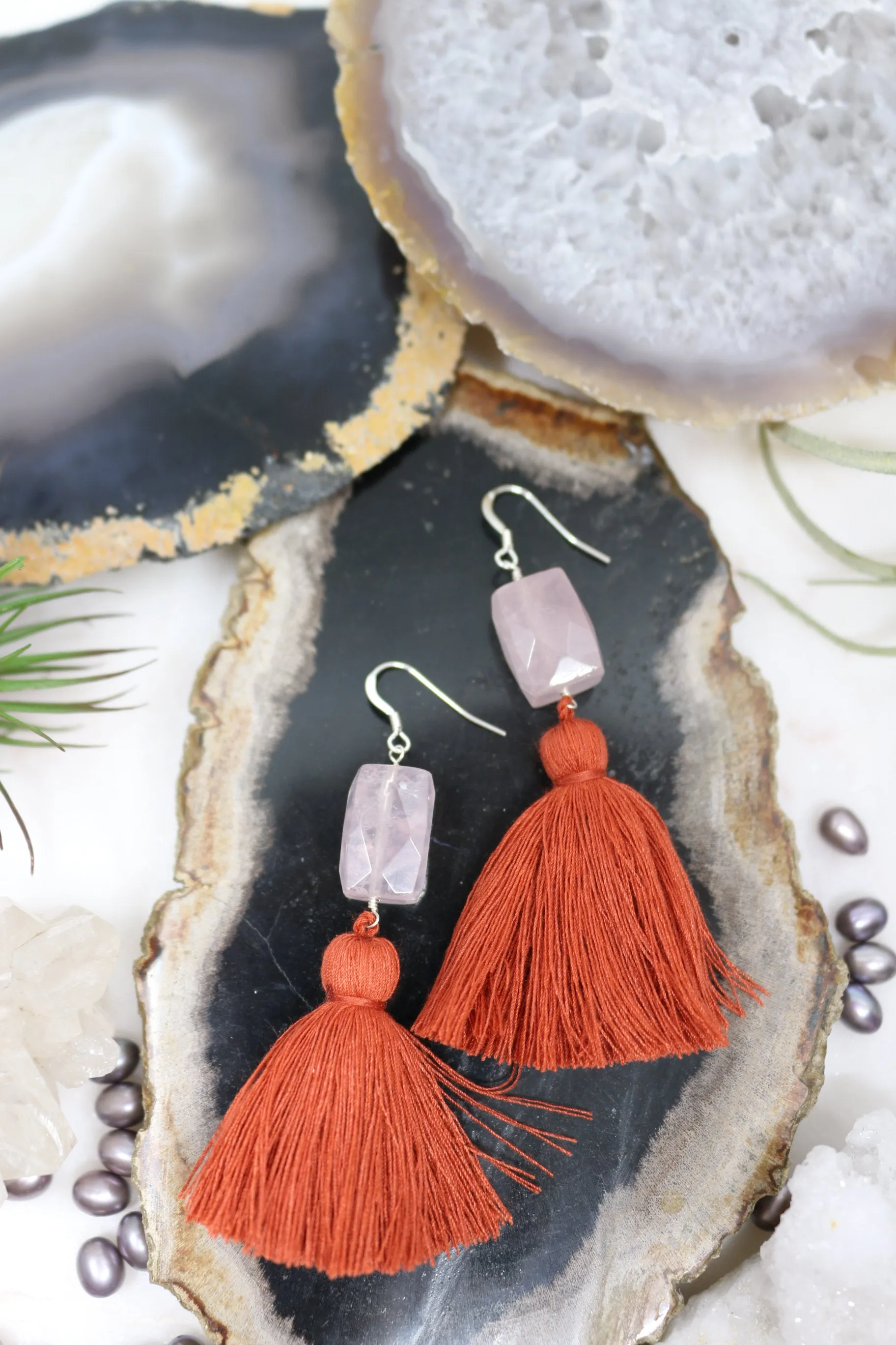 Overcome // Rose Quartz Chunk Tassel Earrings, Statement Earrings // BH-E024