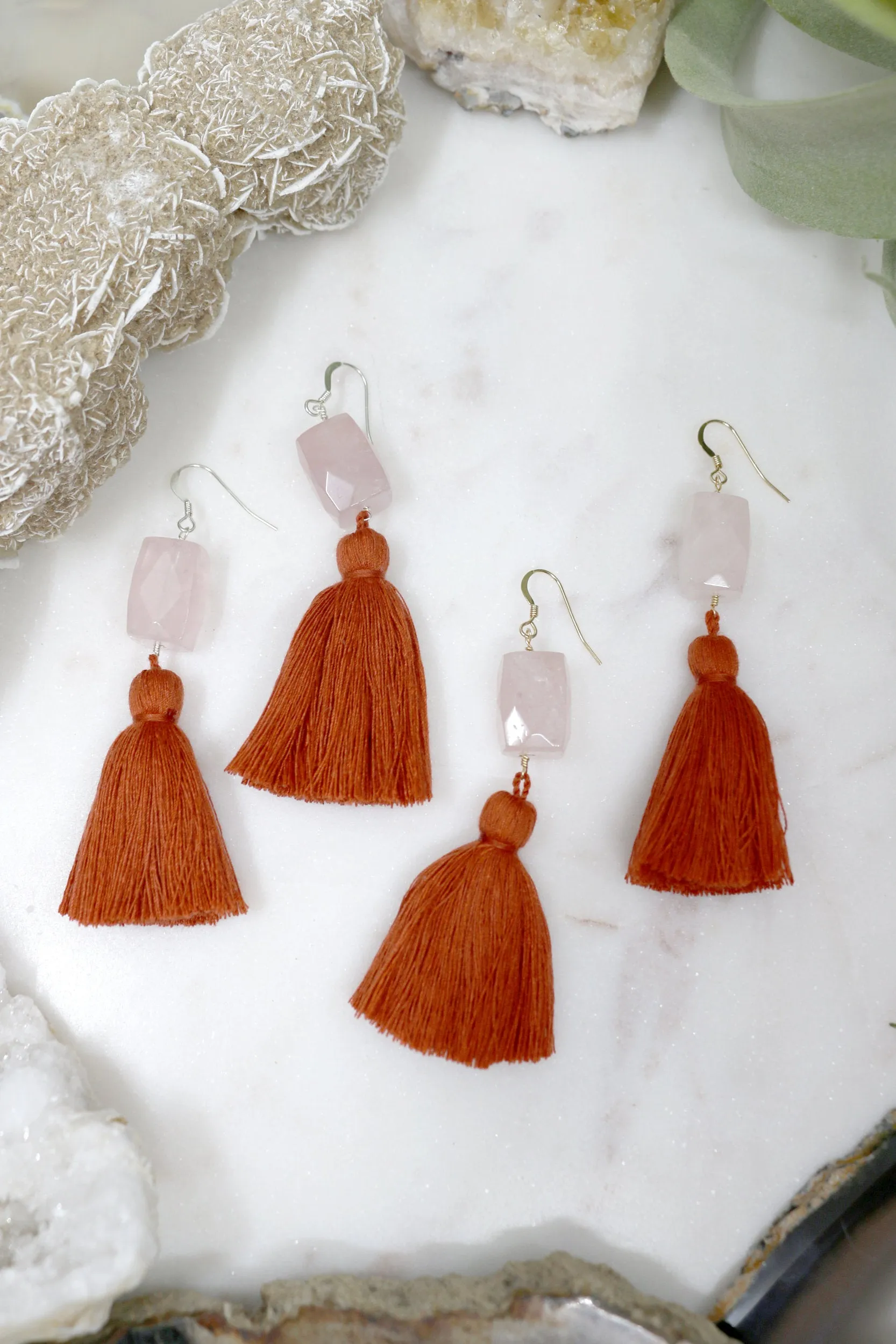 Overcome // Rose Quartz Chunk Tassel Earrings, Statement Earrings // BH-E024