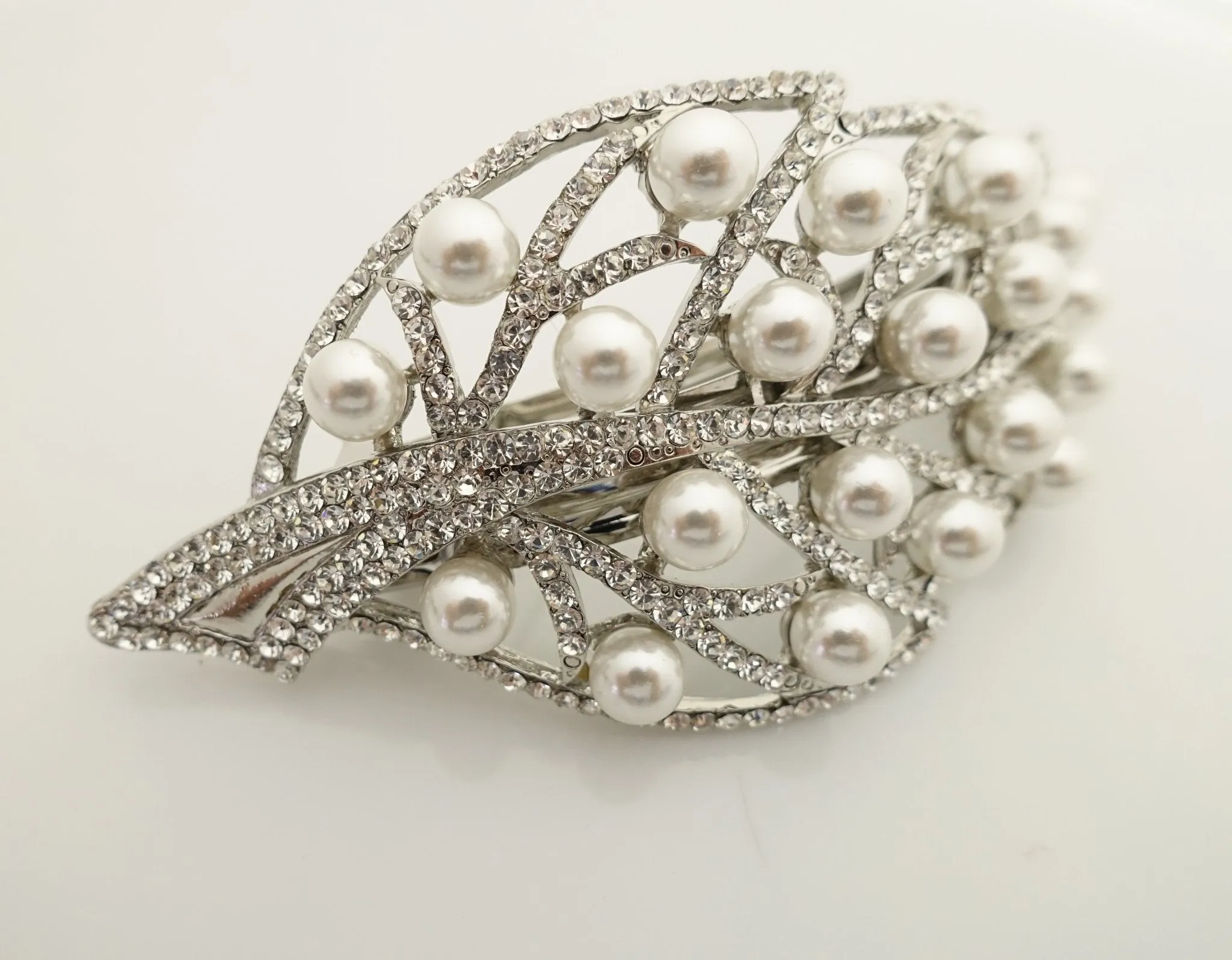 pearl rhinestone decorated leaf wave bow french barrette