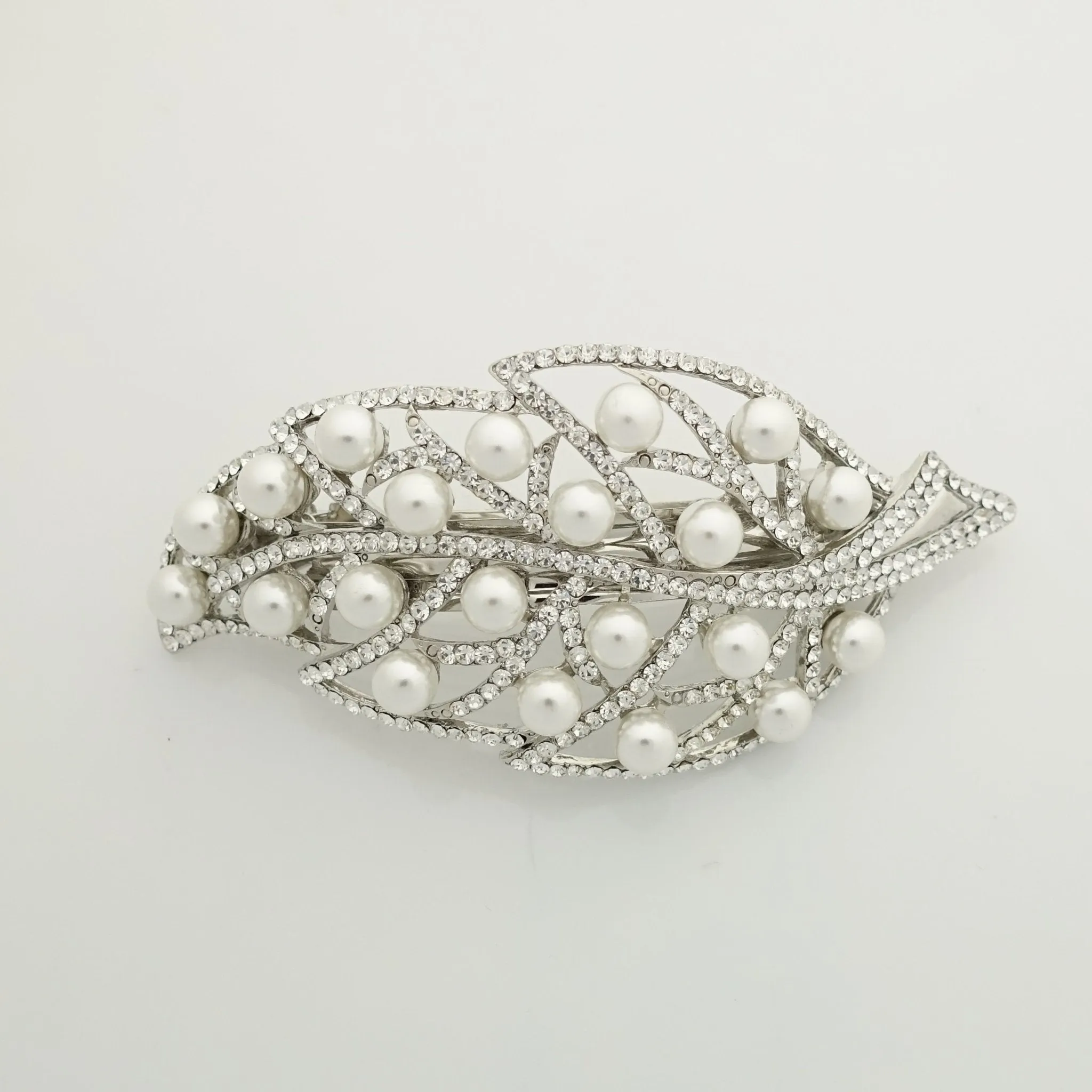 pearl rhinestone decorated leaf wave bow french barrette