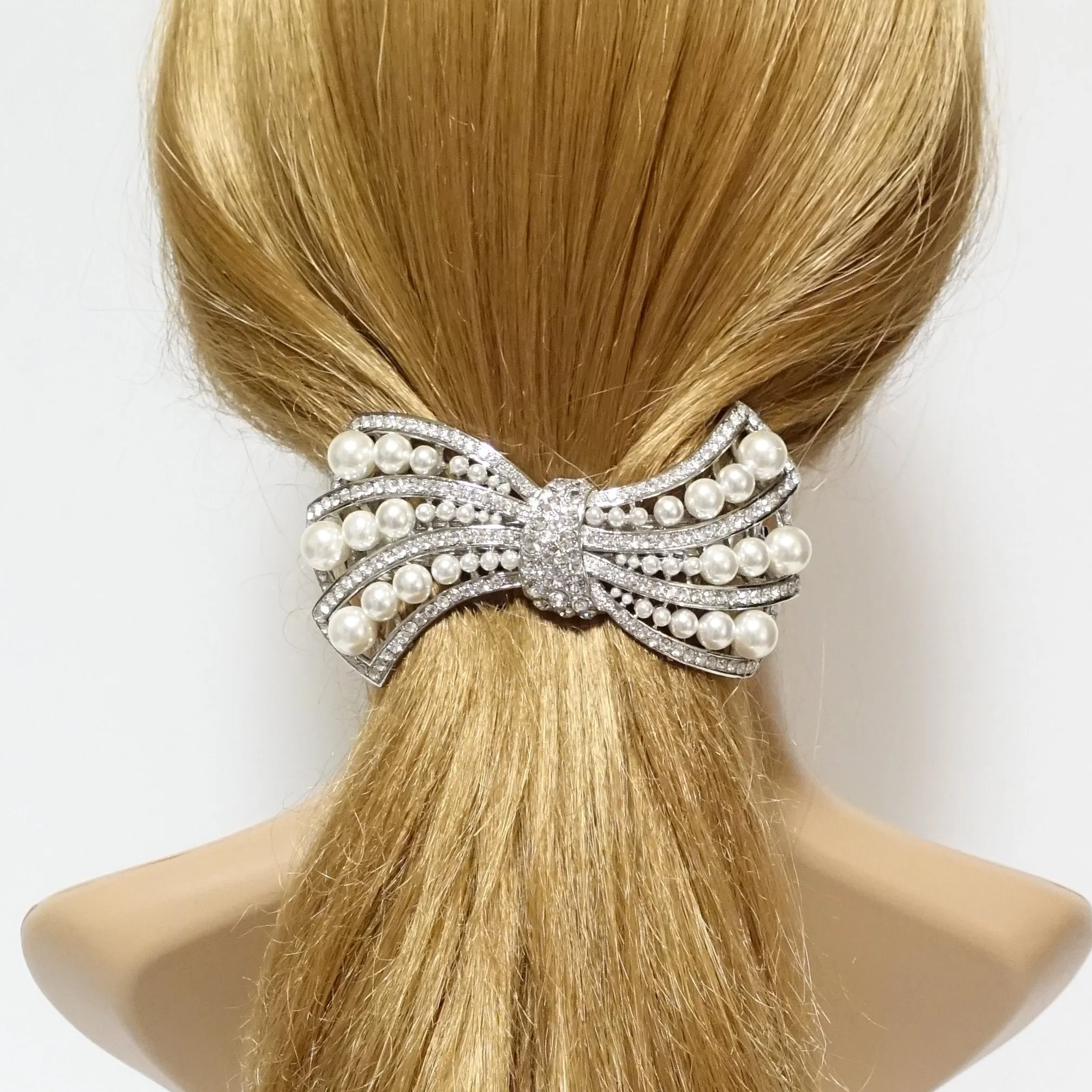 pearl rhinestone decorated leaf wave bow french barrette