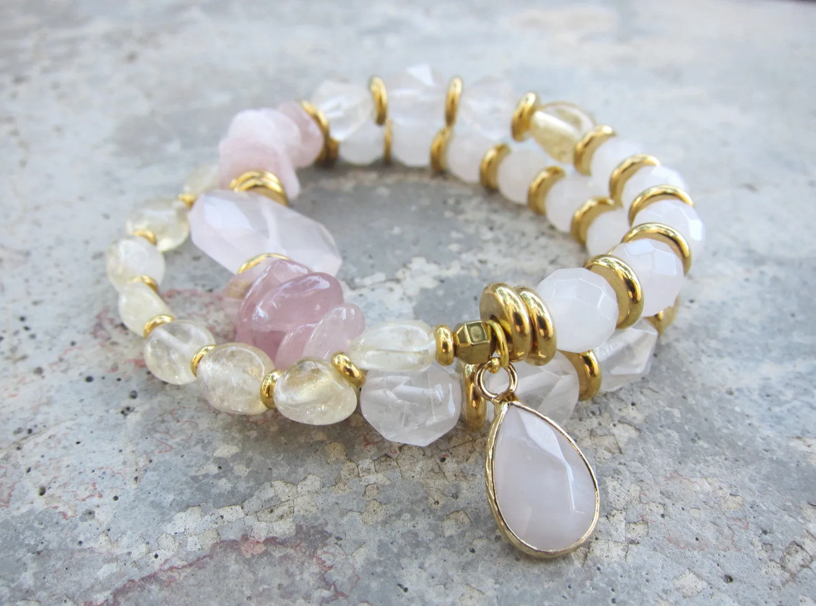 Pink Quartz and Citrine - For Love, Happiness, Good Luck Mala Bracelet