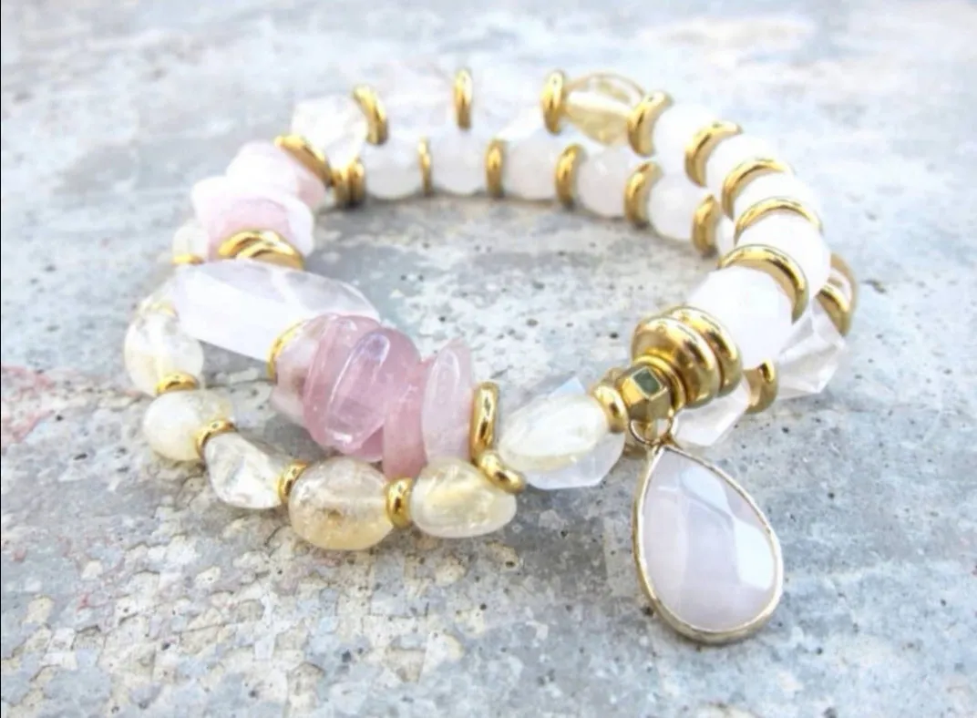 Pink Quartz and Citrine - For Love, Happiness, Good Luck Mala Bracelet