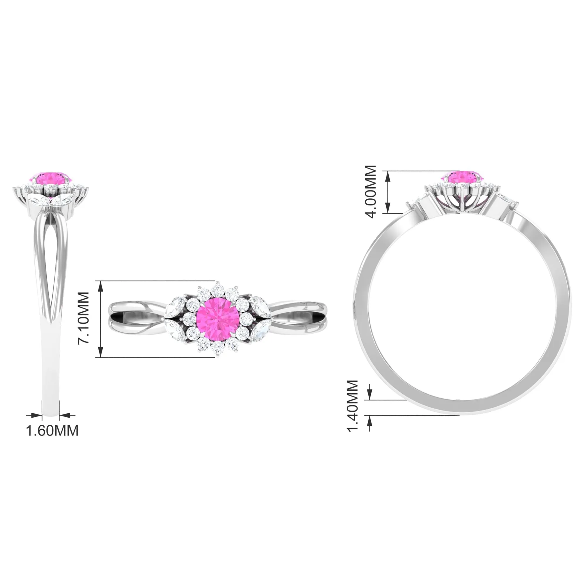 Pink Sapphire and Diamond Flower Engagement Ring with Split Shank