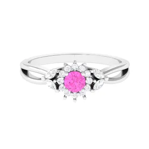 Pink Sapphire and Diamond Flower Engagement Ring with Split Shank