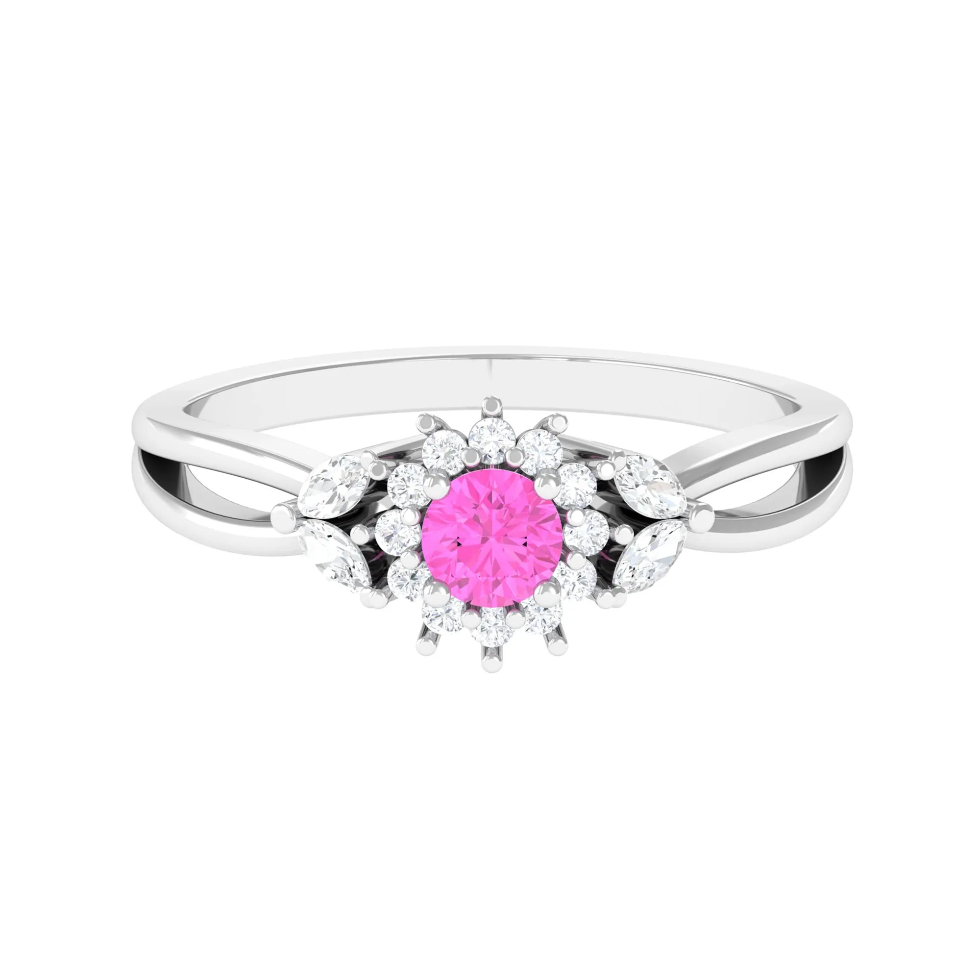 Pink Sapphire and Diamond Flower Engagement Ring with Split Shank