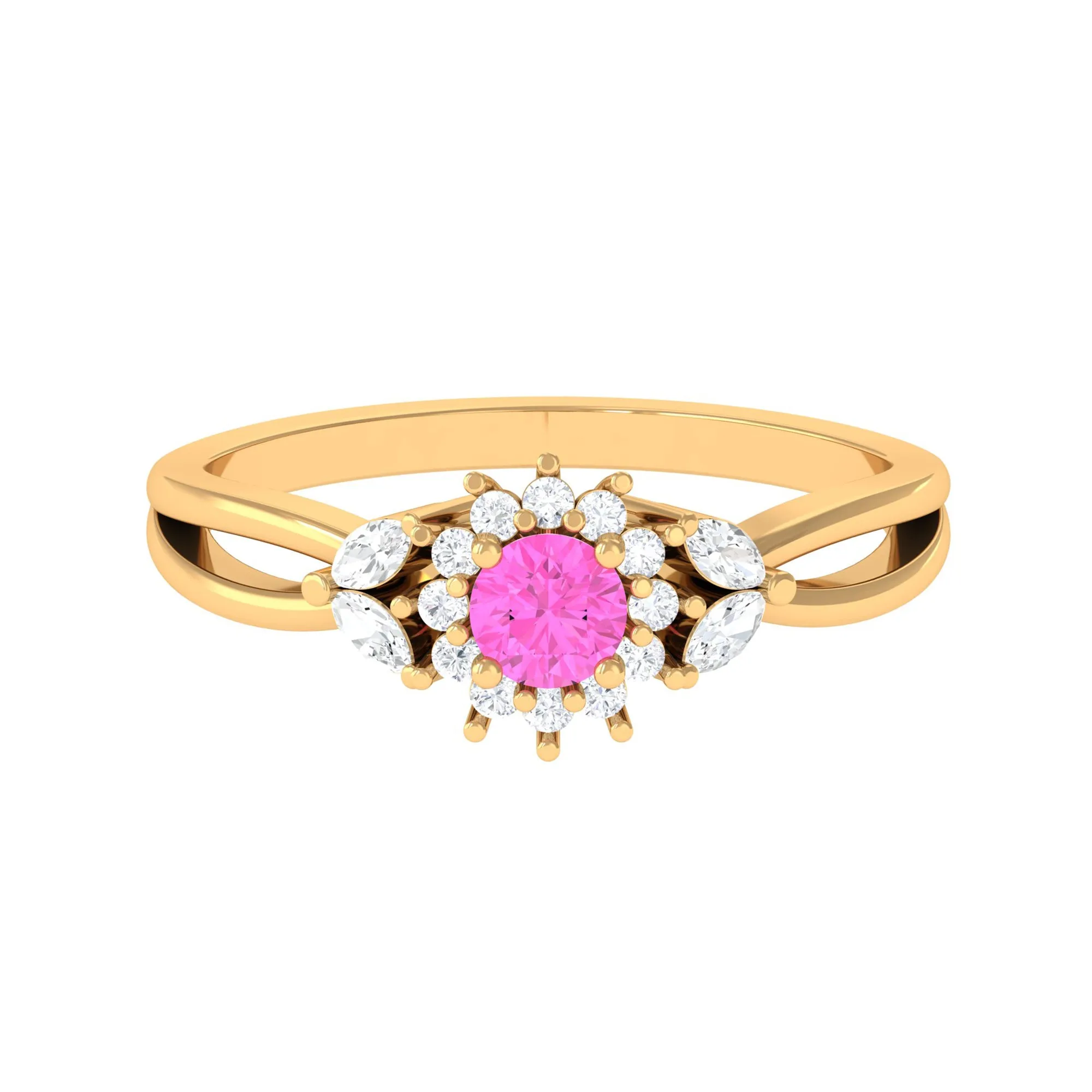 Pink Sapphire and Diamond Flower Engagement Ring with Split Shank