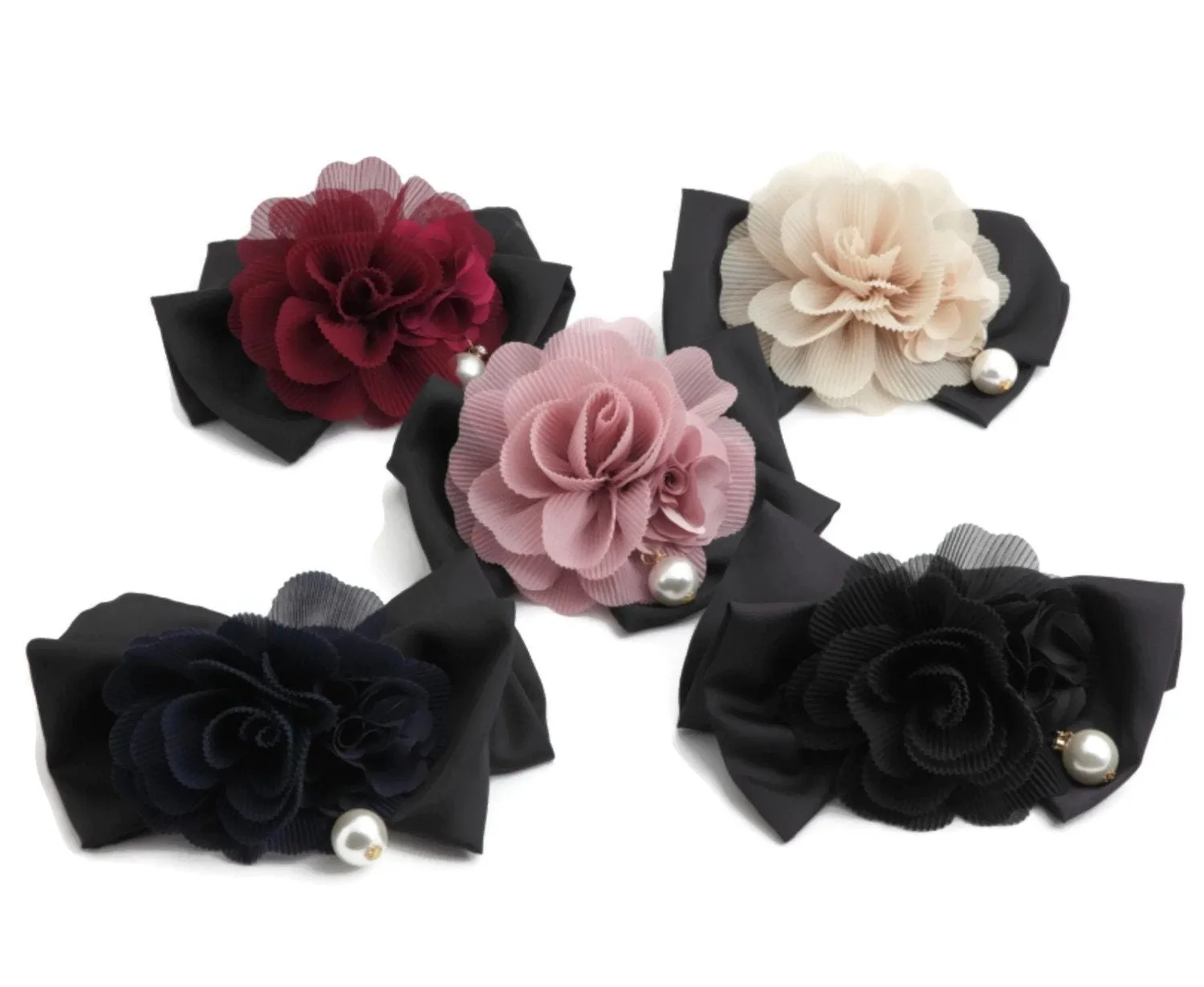 Pleat flower french barrette  black bow french hair barrette elegant woman hair accessories