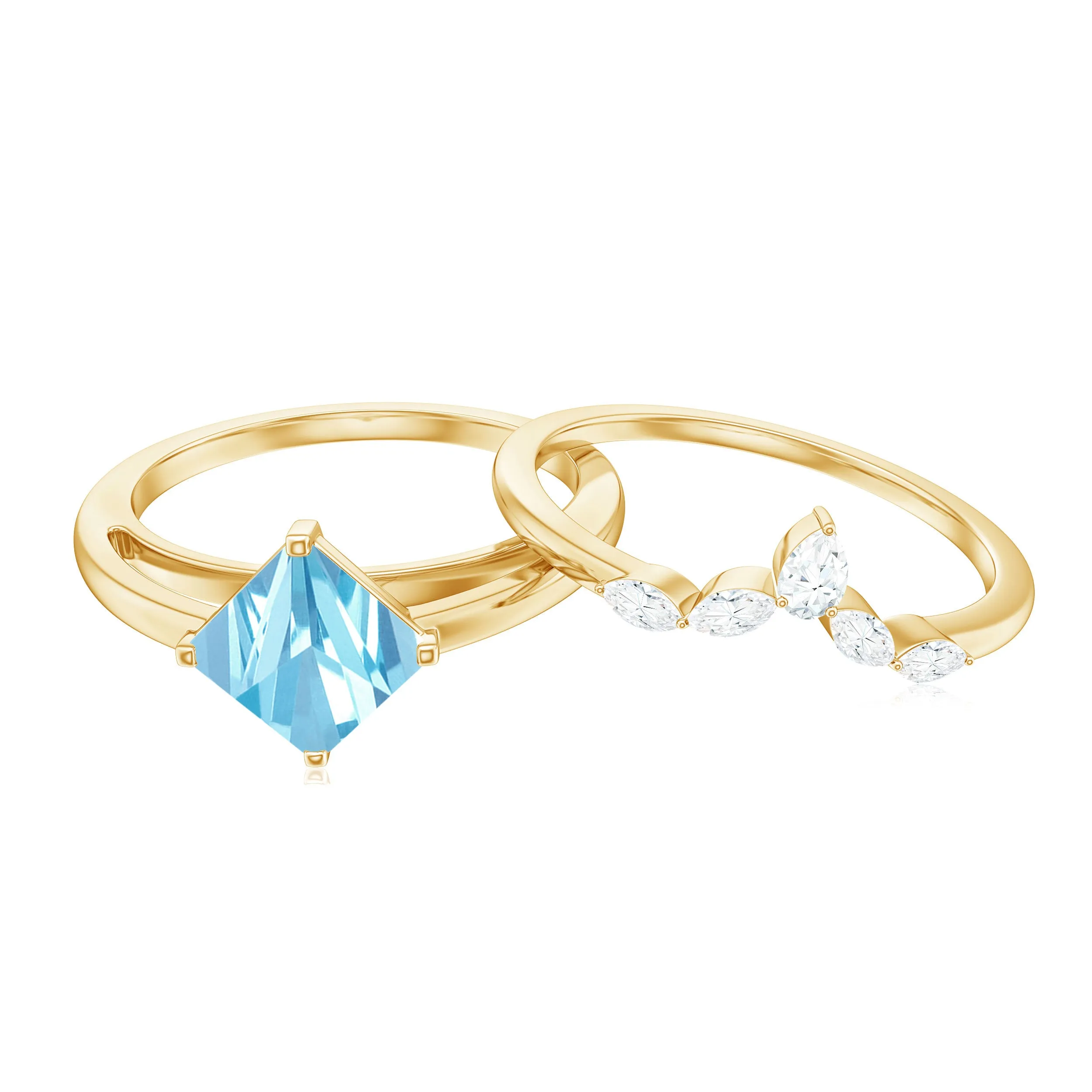 Princess Cut Aquamarine Wedding Ring Set with Diamond