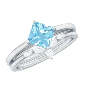 Princess Cut Aquamarine Wedding Ring Set with Diamond