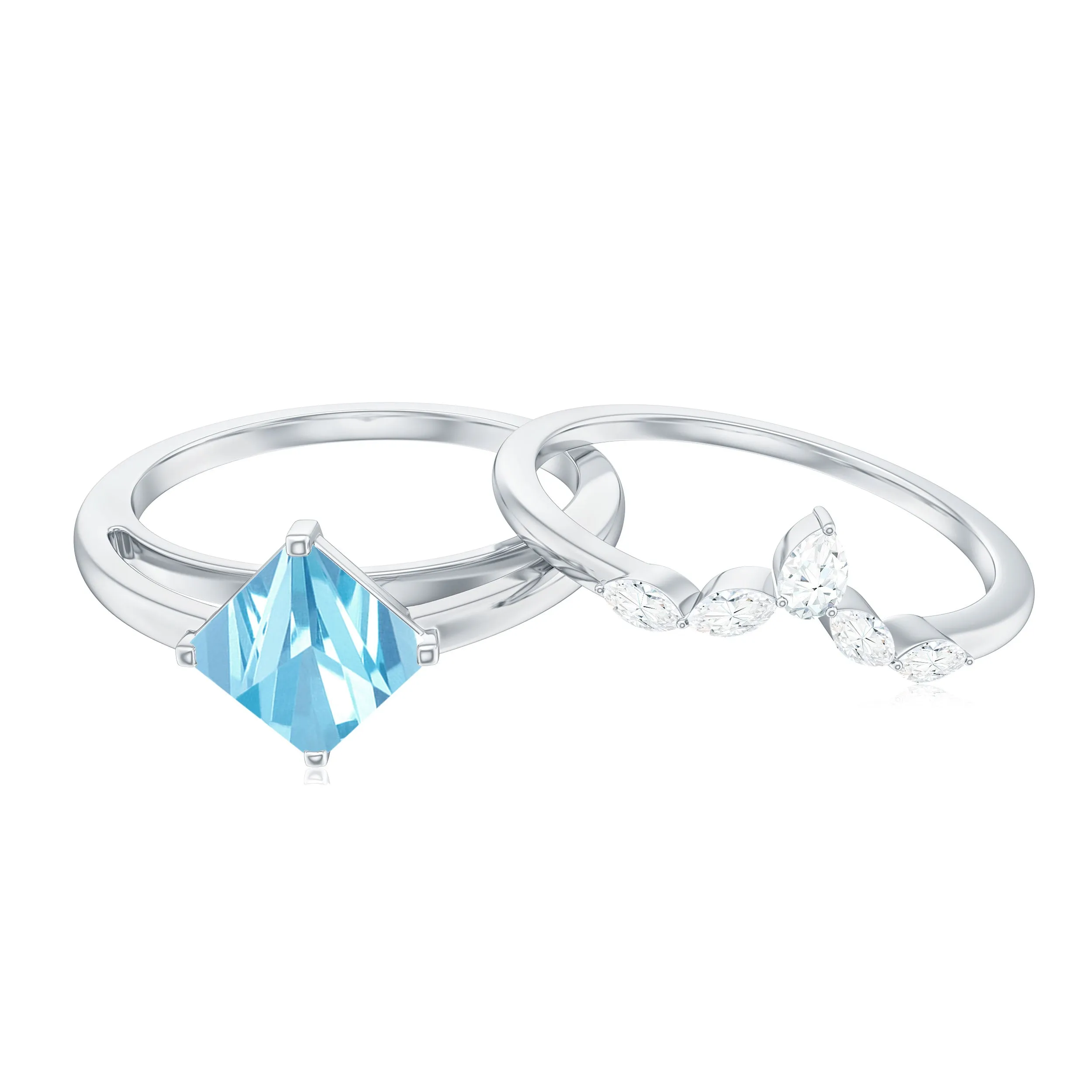 Princess Cut Aquamarine Wedding Ring Set with Diamond