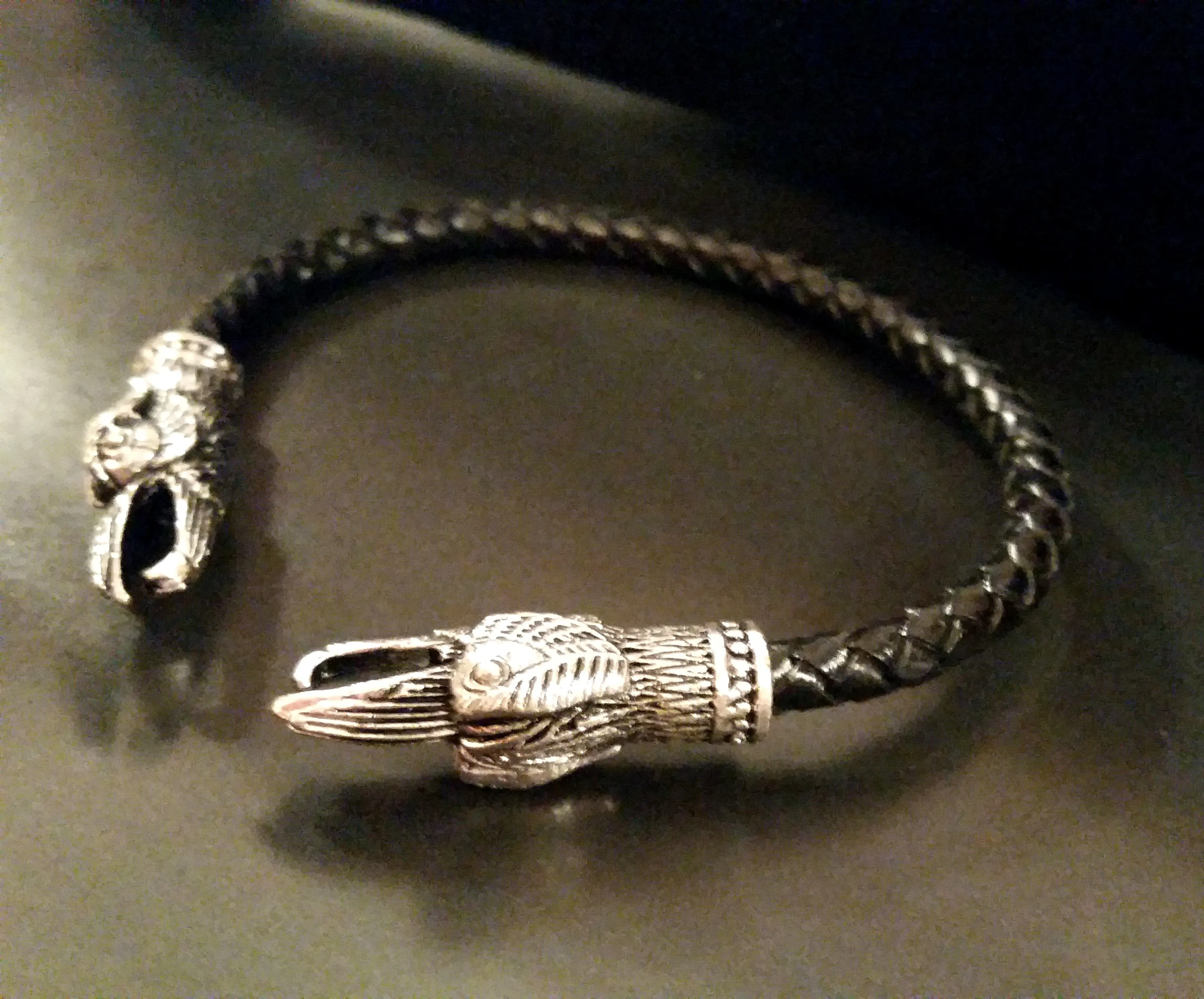 Raven Bracelet Torc Silver Black Leather