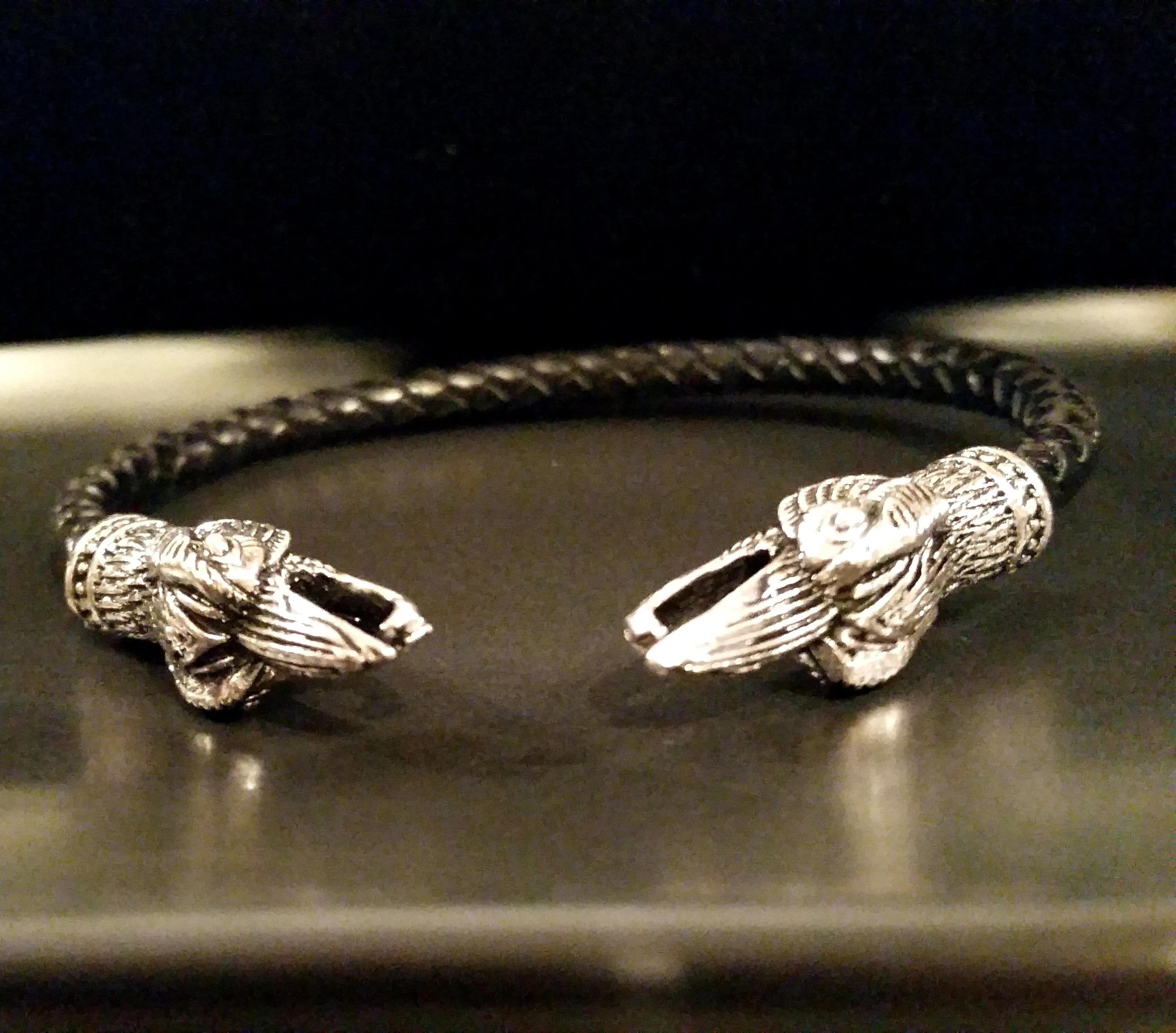 Raven Bracelet Torc Silver Black Leather