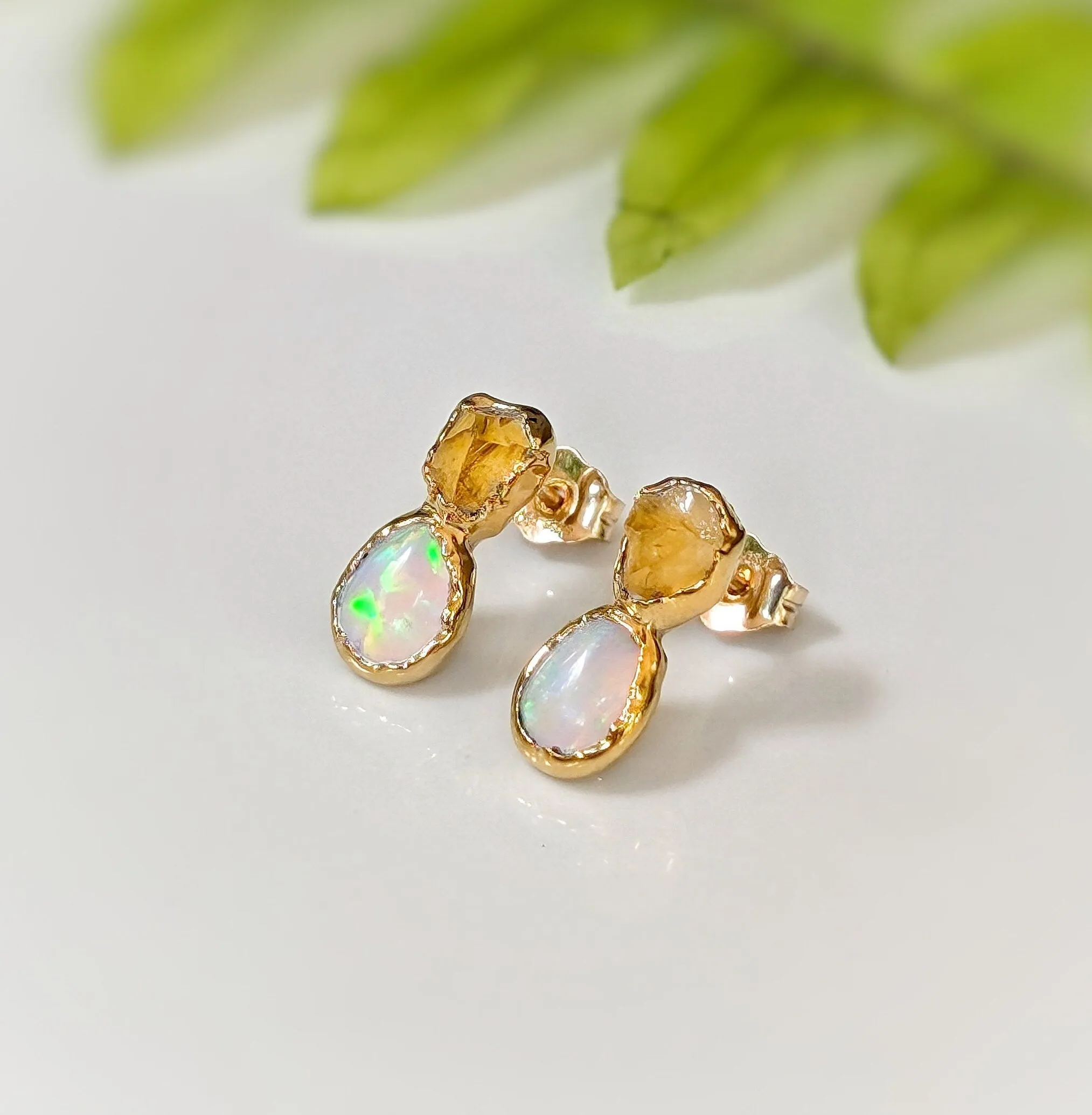 Raw Citrine and Opal stud earrings