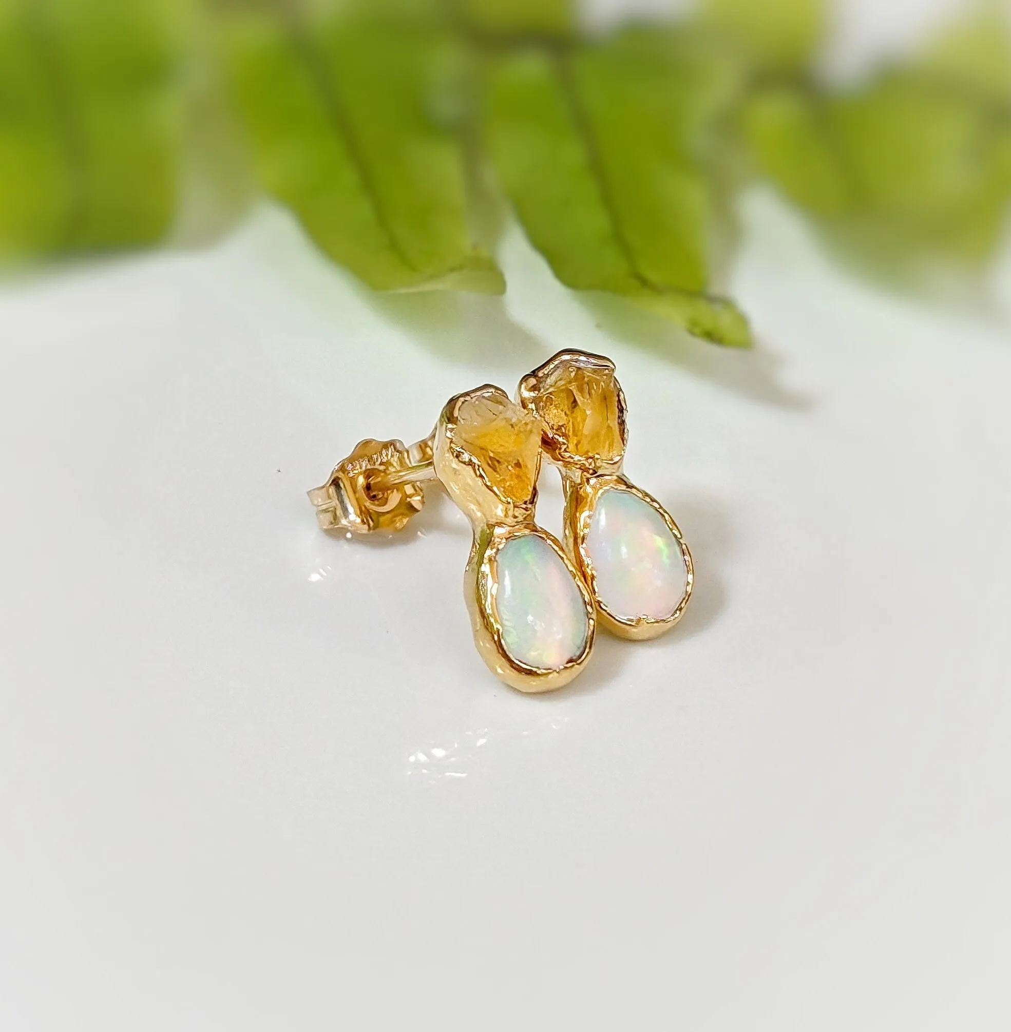 Raw Citrine and Opal stud earrings