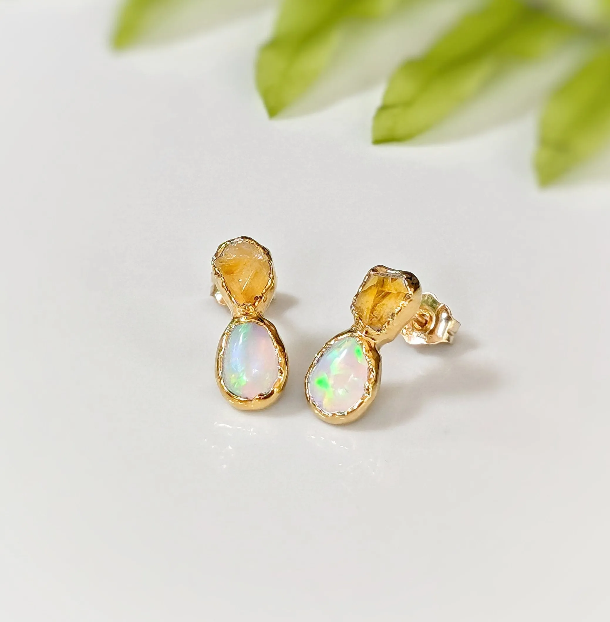 Raw Citrine and Opal stud earrings