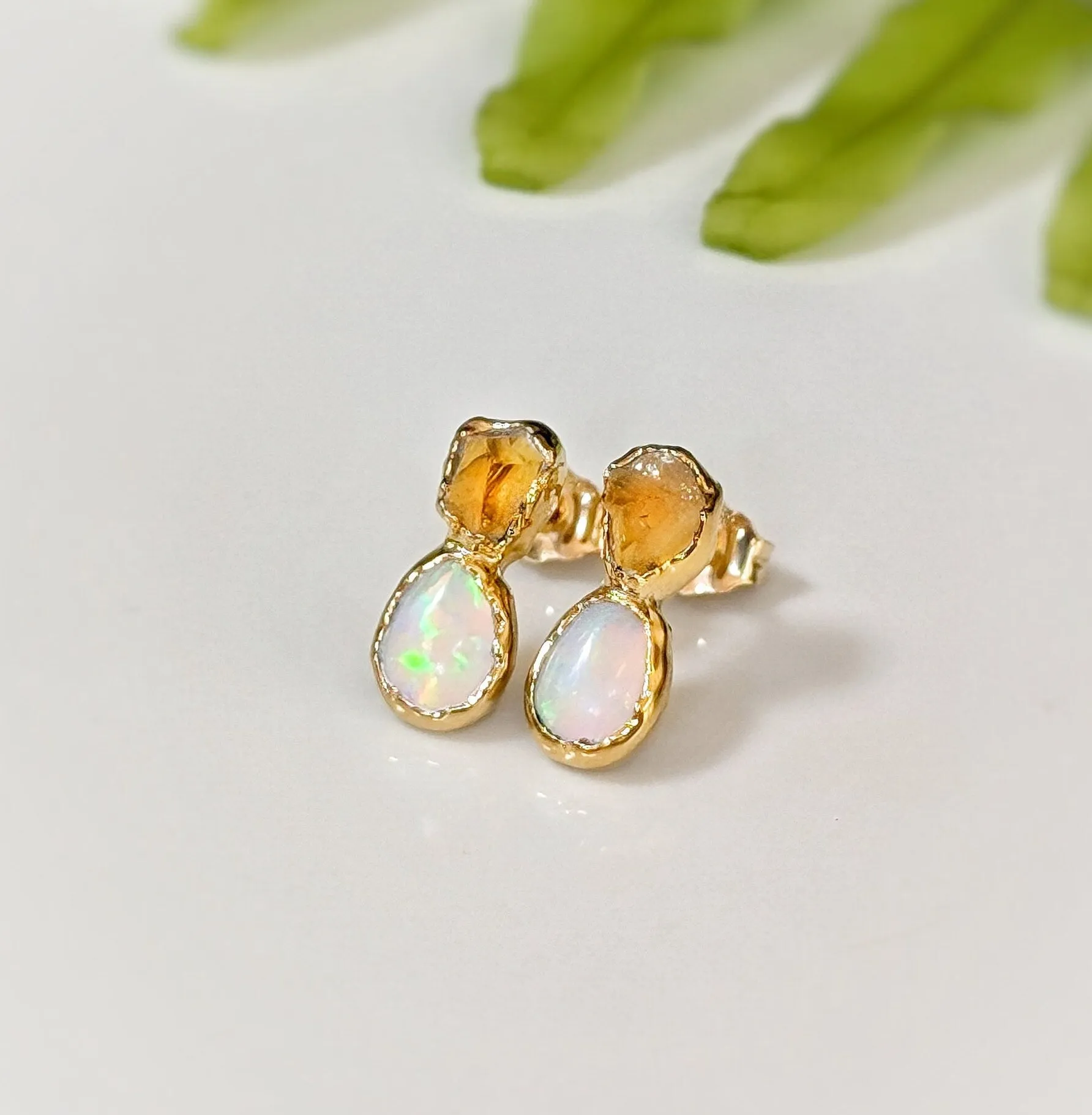 Raw Citrine and Opal stud earrings