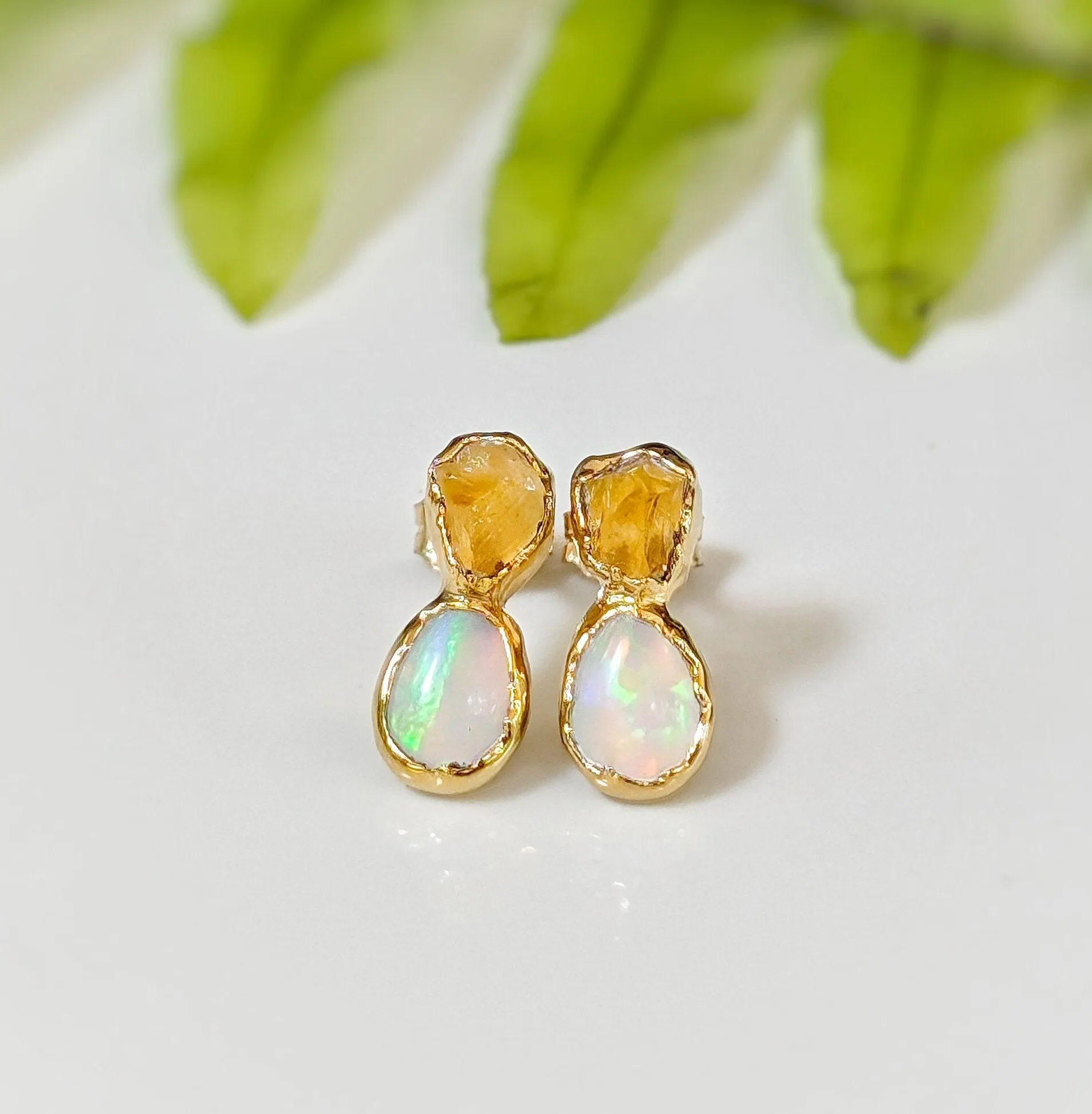 Raw Citrine and Opal stud earrings