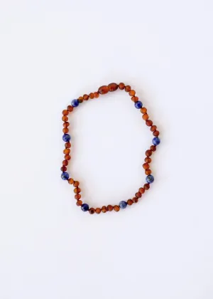 Raw Cognac Baltic Amber   Lapis Lazuli Halo Necklace