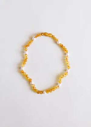 Raw Honey Baltic Amber   Pearl Halo Necklace