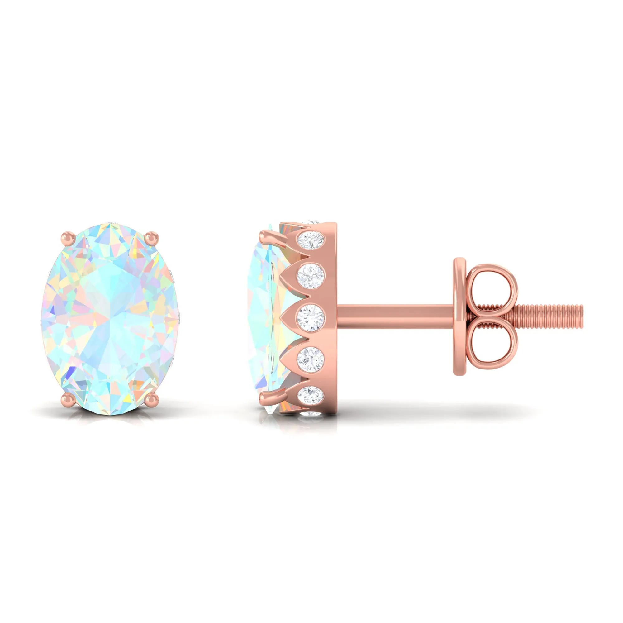 Real Ethiopian Opal Solitaire Stud Earrings with Diamond