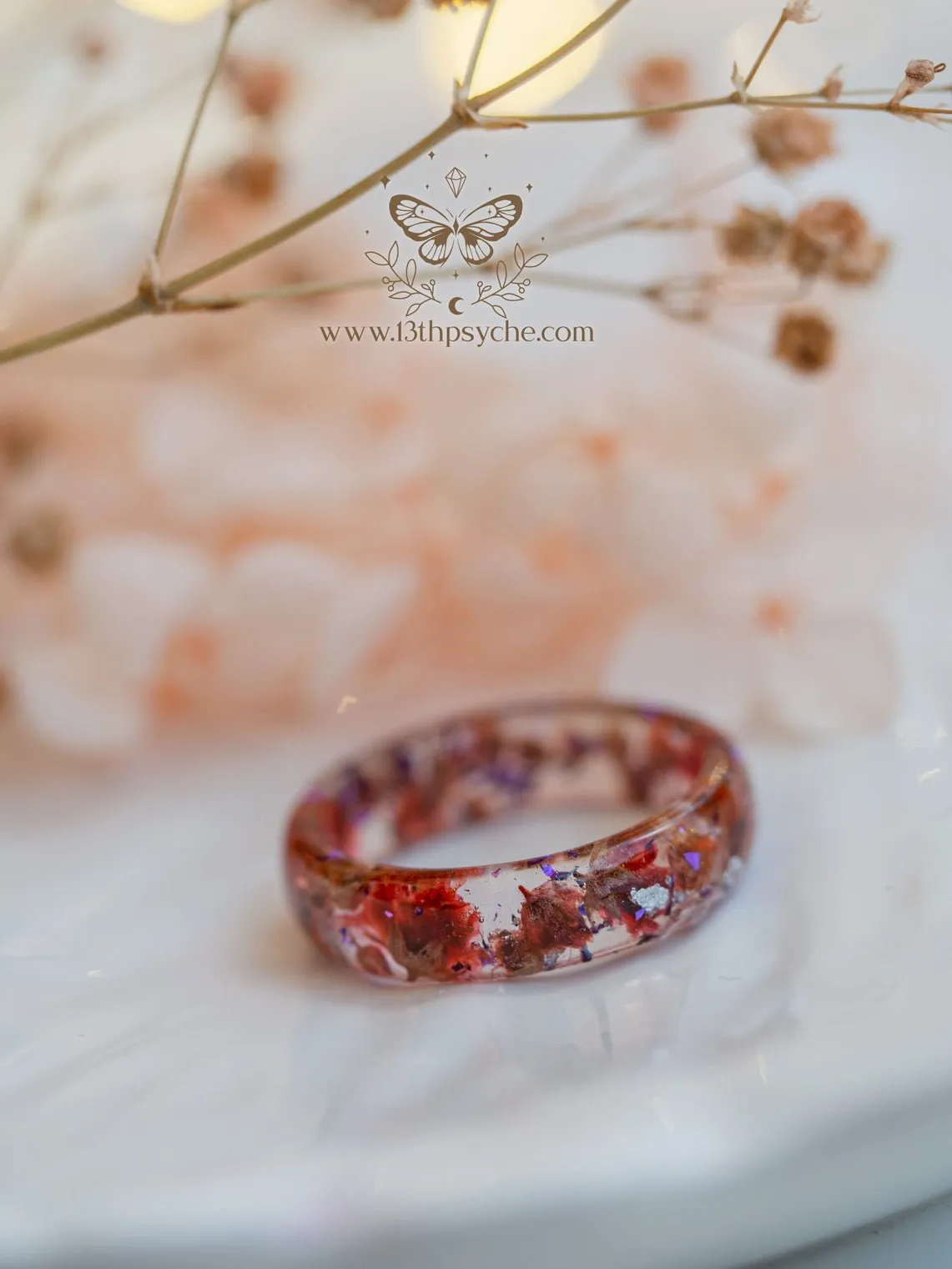 Red baby's breath flowers resin ring